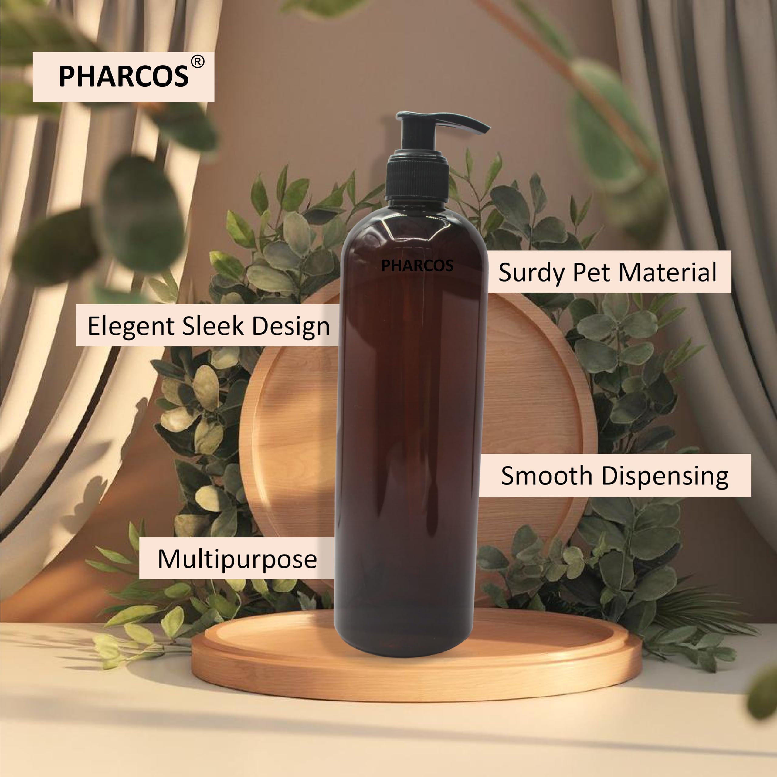 PHARCOS 500 ml Amber Pet Pump Bottle for DIY Cosmetic- Sun Proof, Oxidize Safe, Use for Shampoos, Conditioner, Body Wash, Multipurpose Use etc (Amber, Black Pump - Pack of 1)