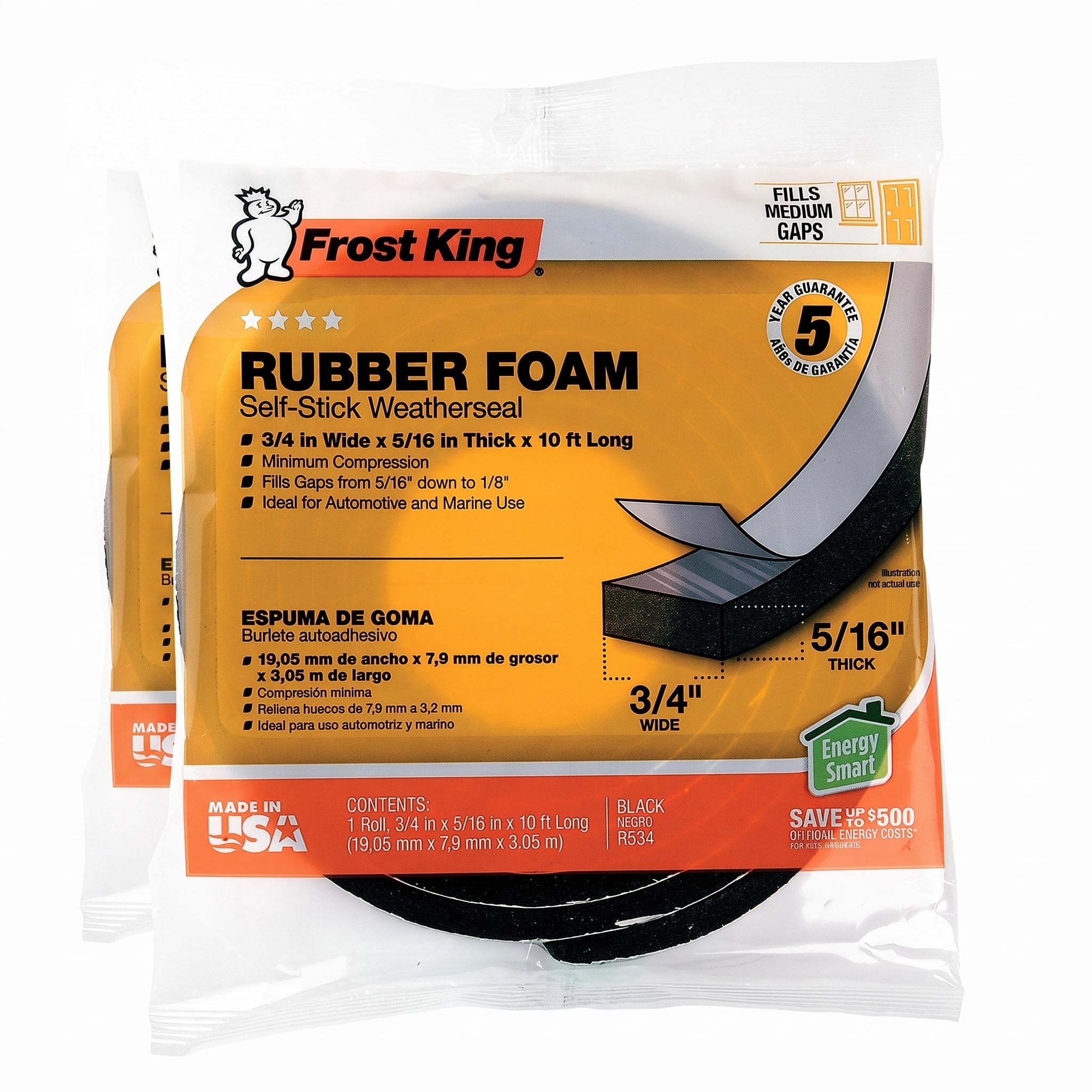 Frost King Available R534H Sponge Rubber Foam Tape 5/16-Inch, Black, 3/4" W, 5/16" T, 10 ft L (Pack of 2)
