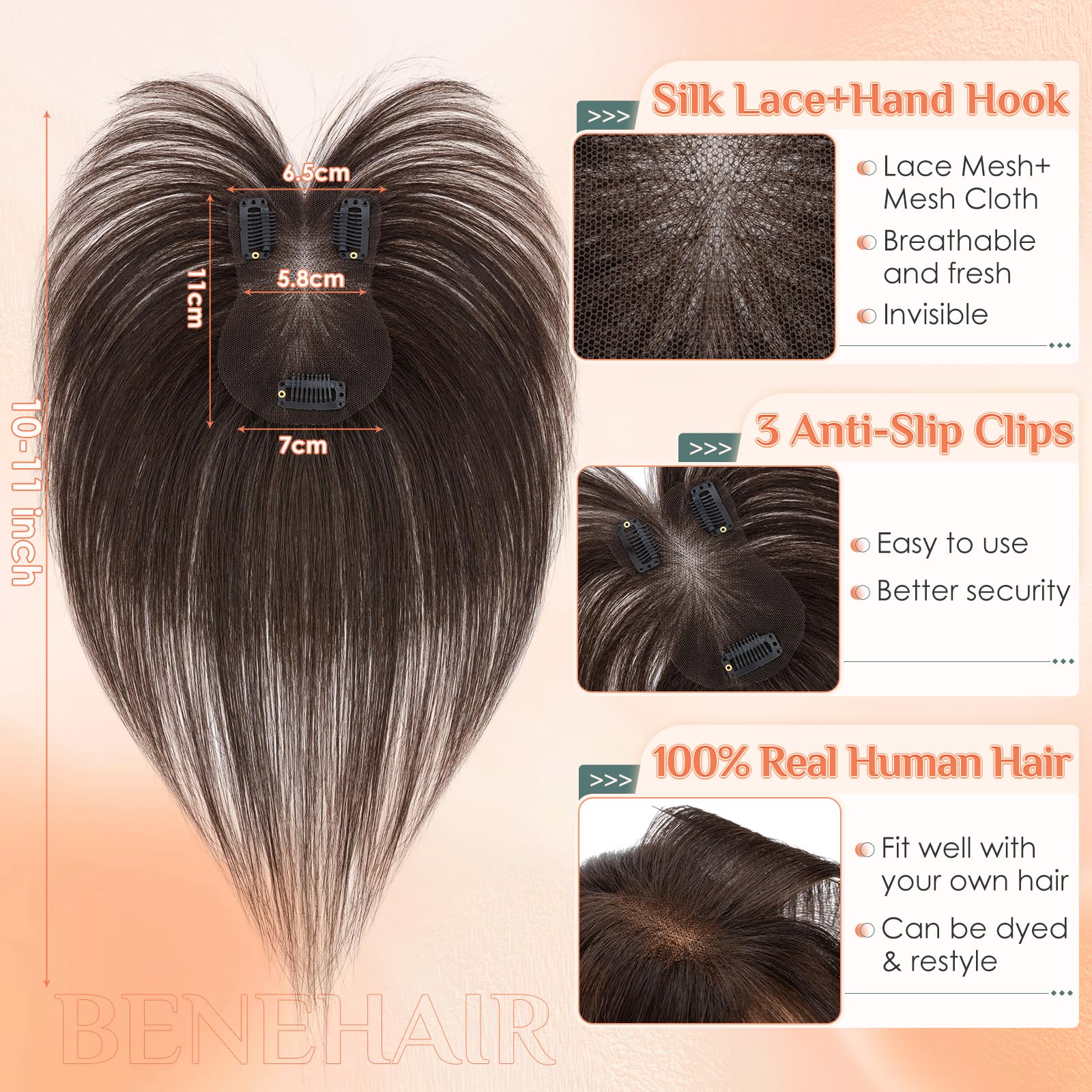 Benehair Echthaar Hair Topper für Frauen, 100% Echthaar Topper mit Pony, 14g Haarverdichtung für Dünnem mit Bange, 7x11CM Basis Menschliches Haar Toppers Oberkopf, 27CM #02 Dunkel Braun