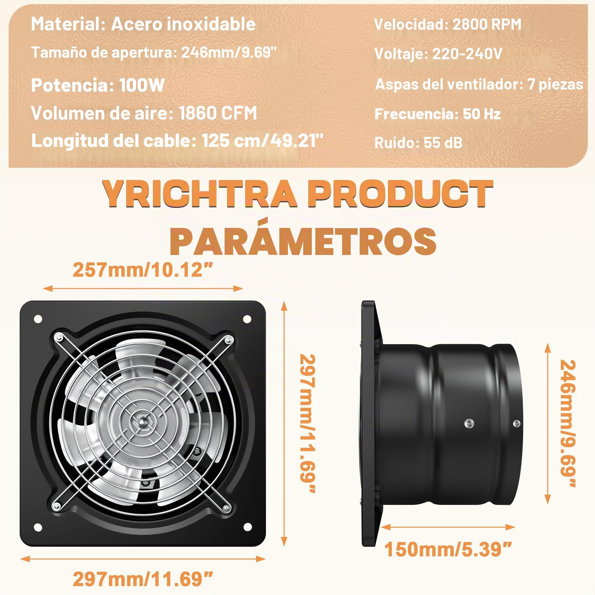 250mm Extractor Industrial de Alta Potencia 1680m³/h Silencioso con Válvula Antirretorno, Extractor de Aire para Baño, Cocina y Garaje, Negro