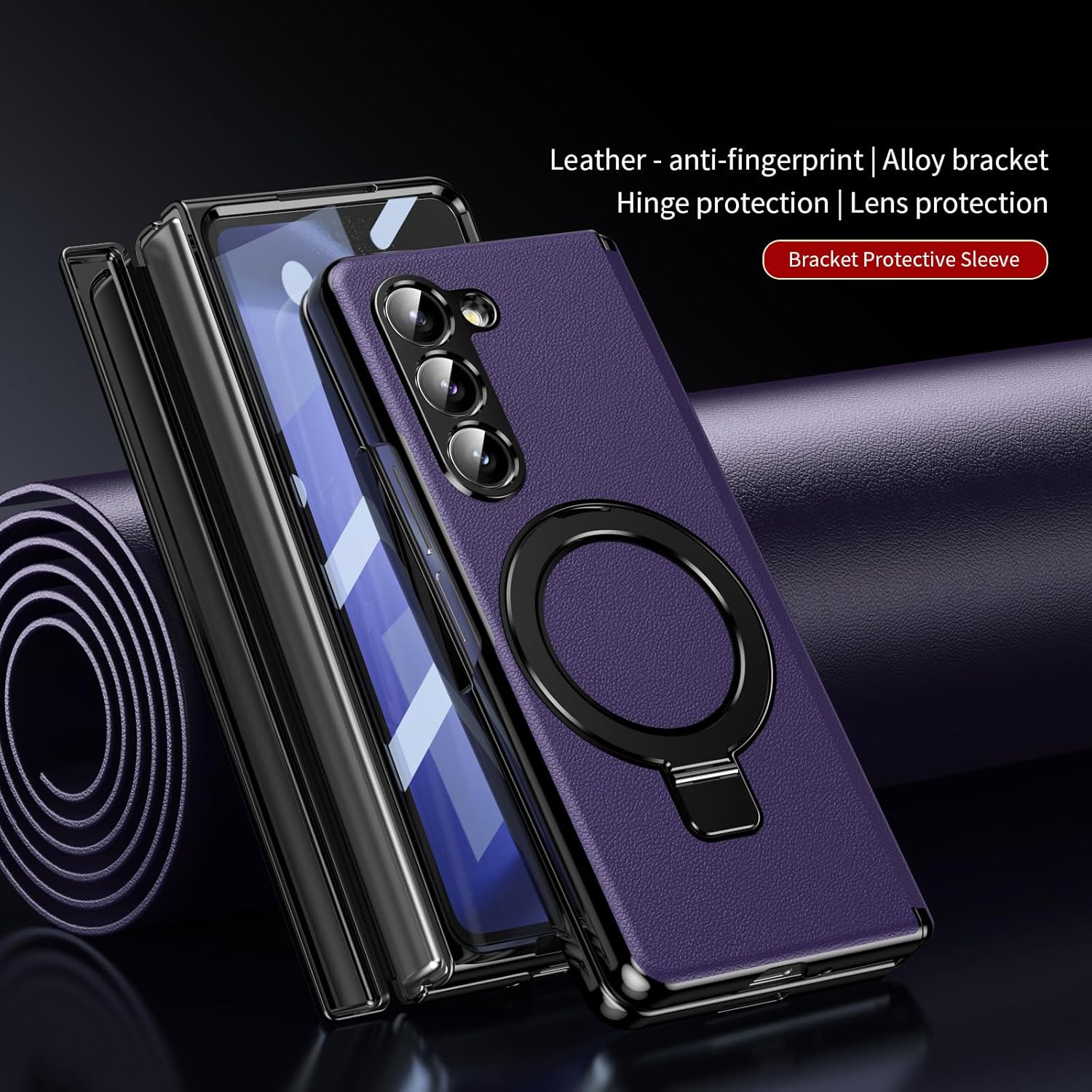 Magnetic Stand for Samsung Galaxy Z Fold 5 Case with Ring Holder, Compatible with Magsafe [Hinge Protection][Built in Screen Protector] Vegan Leather Full Body Slim Shockproof Cover, Purple