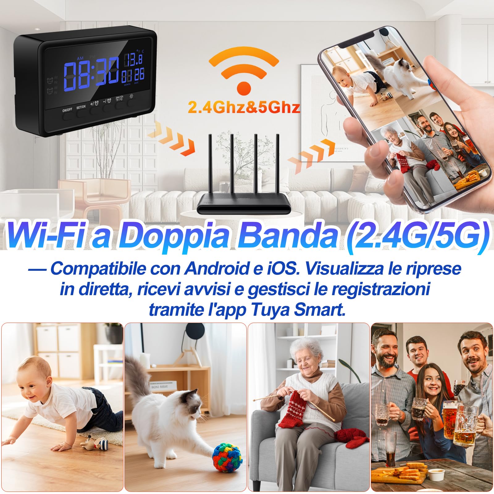 Mini Telecamera Spia Nascosta WiFi, 1080P, Visione Notturna | Dual-band 2.4/5 GHz, grandangolo 120°, rilevamento movimento, sveglia 2 in 1, luminosità, microSD 128 GB, invisibile