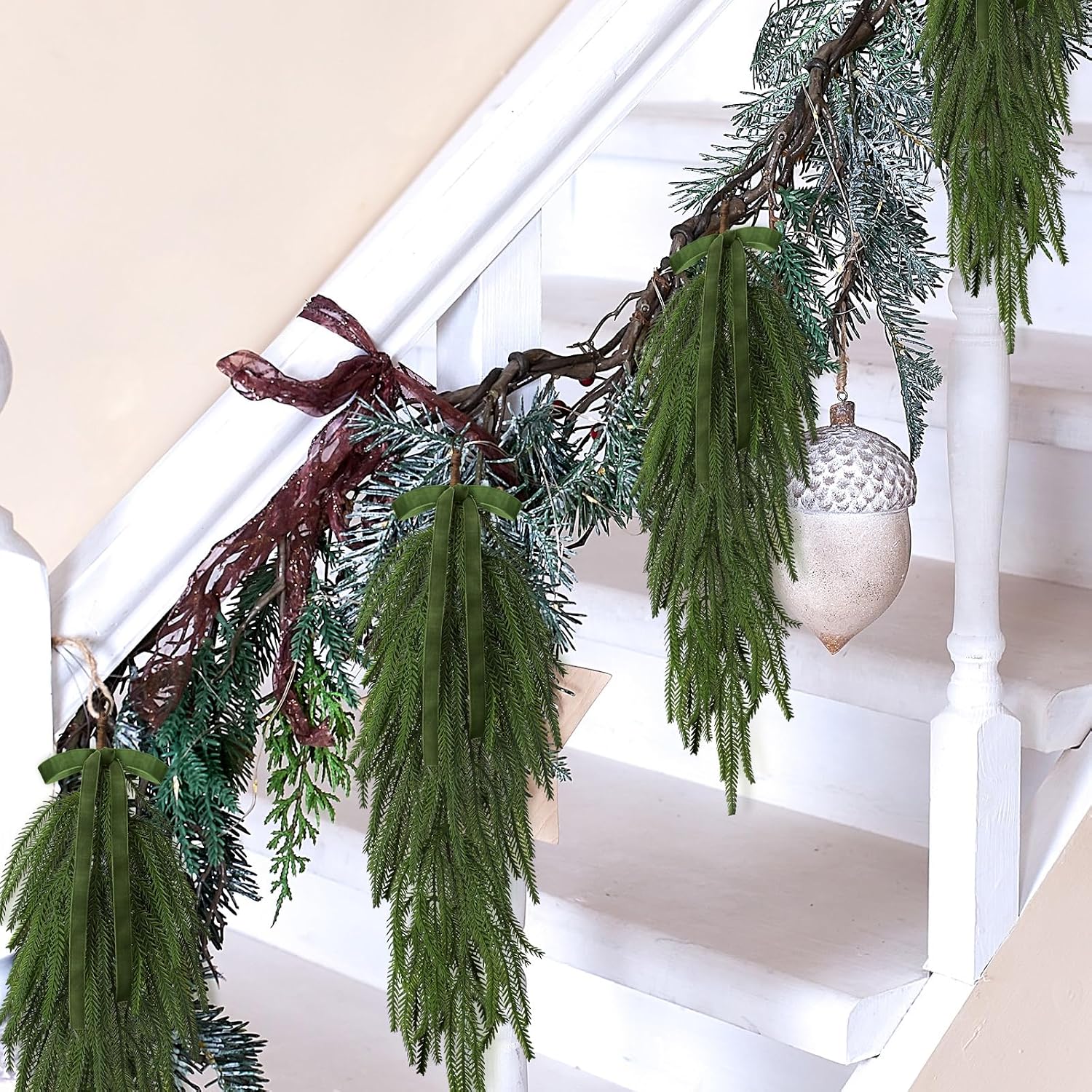 Shihanee 4 Pack Christmas Teardrop Swags with Rustic Velvet Ribbon Bow Artificial Realistic Norfolk Pine Greenery Swag for Festive Holiday Door Wall Home Porch and Mantel Decor(Green,24 Inch)