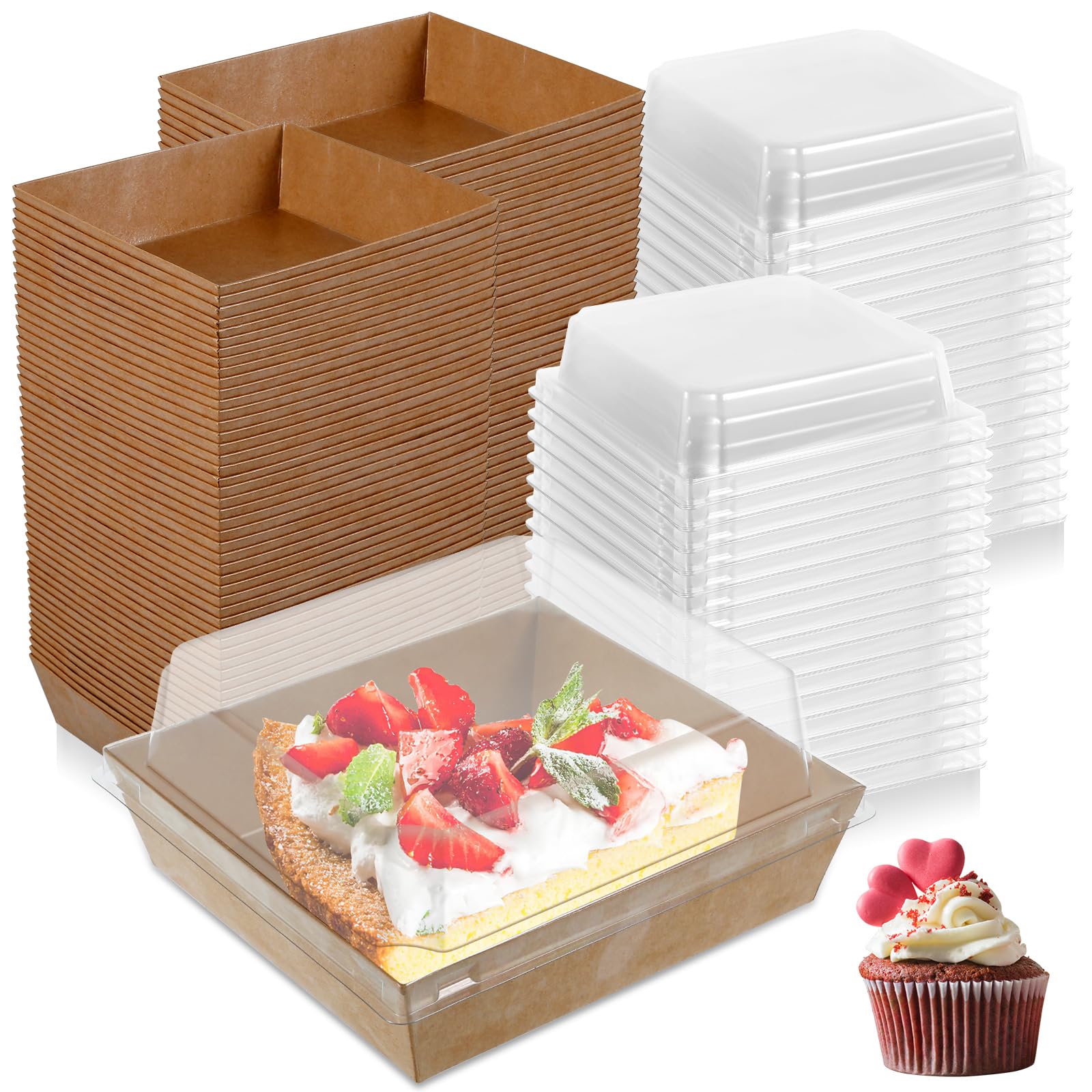 50 Pack Cake Slice Boxes with Clear Lids 12cm Square Oil-Proof Paper Charcuterie Boxes Reusable Dessert Boxes Sealed Cupcake Storage Box Food Containers for Muffins Slice Cakes Cookies Sandwiches