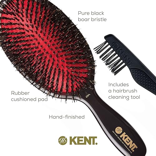 Miniatura 5 de Kent CSFL Classic Shine - Cepillo para alisar con cojín ovalado grande y desenredante de cabello, cepillo de cerdas de jabalí negro natural, cepillo