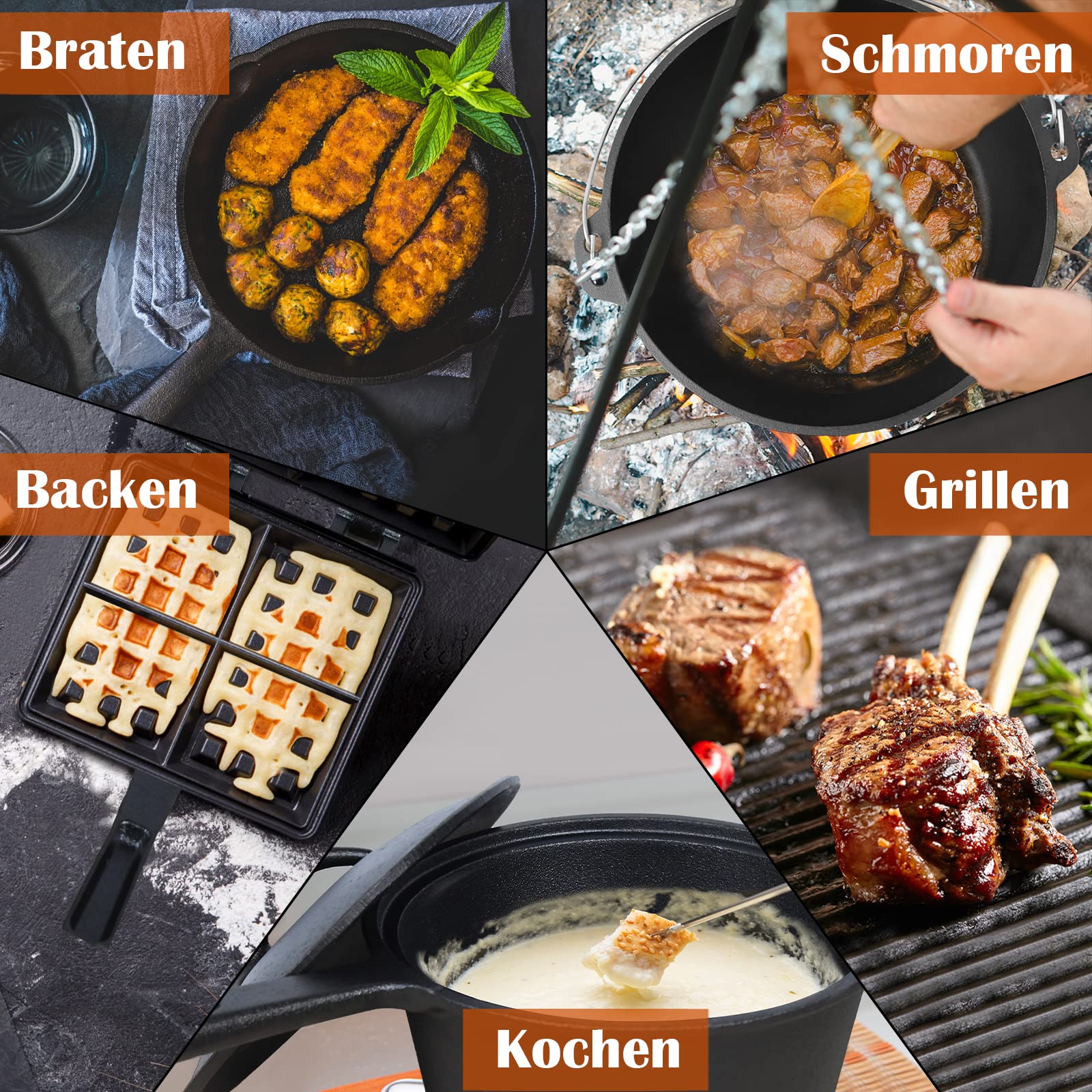 UISEBRT Dutch Oven Set in scatola di legno - Set Forno Olandese con forno olandese, molti accessori in Ghisa, già cotto, con Dutch Oven, padella e coperchio