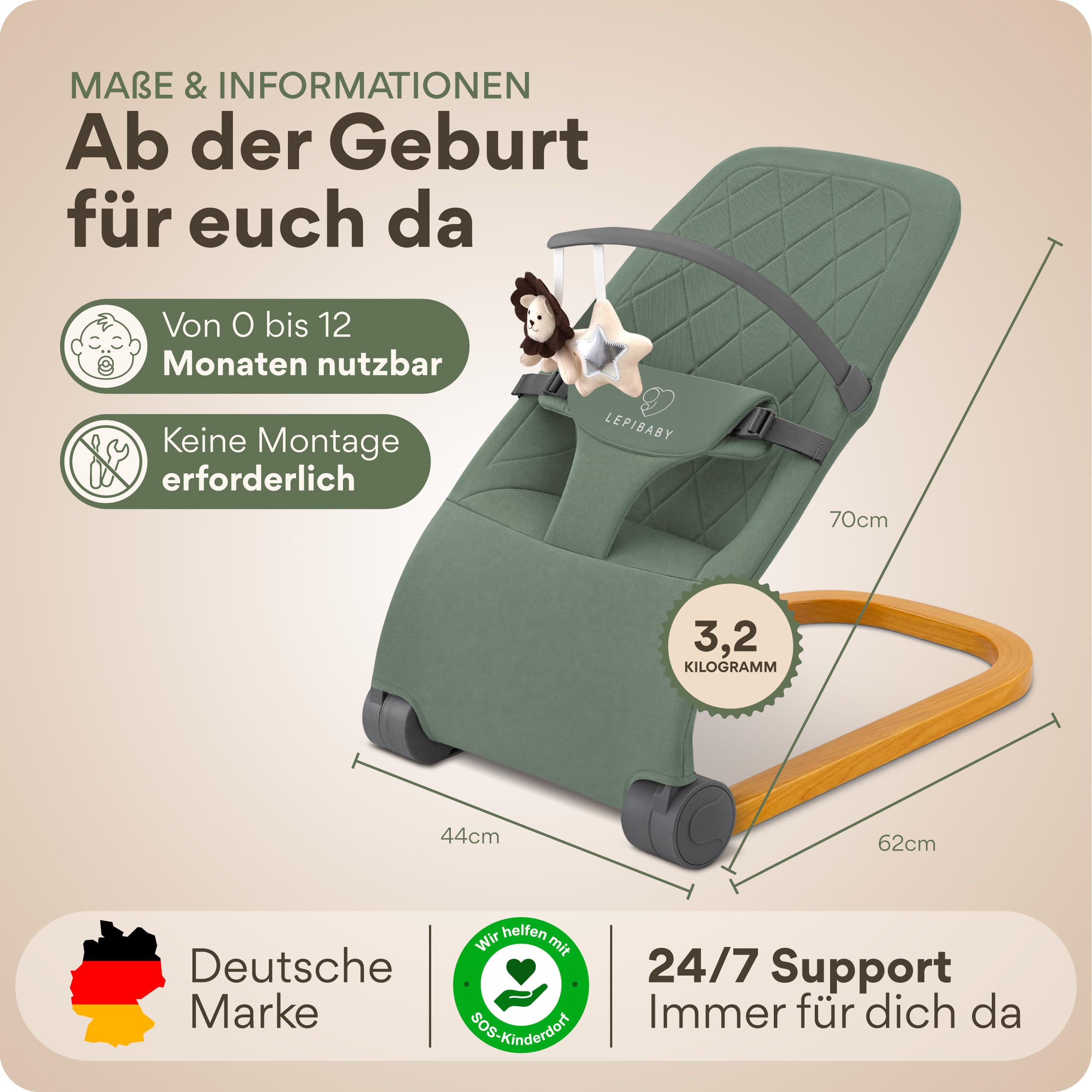 Babywippe Neugeborene, 0 bis 12 Monate, Baby Wippe, Baby Bouncer | Faltbarer Baby Rocker, Babyschaukel mit Spielbogen, Verstellbare Babywiege, Baby Schaukel leicht waschbar, SamiBu Grün