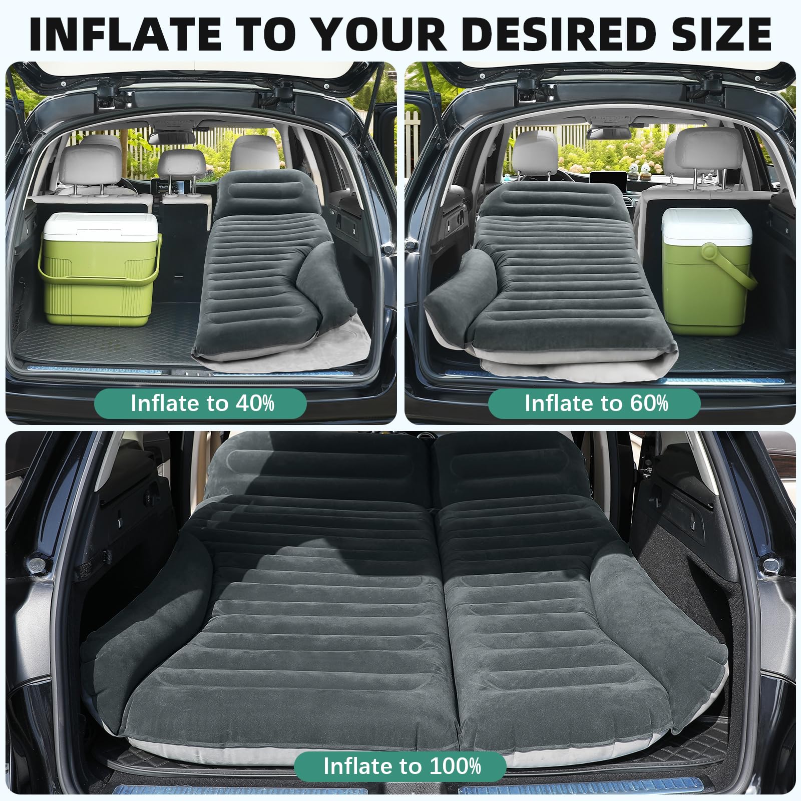 KMZ SUV Luftmatratze Doppelseitige Dickere Beflockung Auto-Bett – Bewegliche Aufblasbare Matratze für Camping & Reisen mit 2 Kissen & Elektrische Luftpumpe (Grün und Anthrazit)