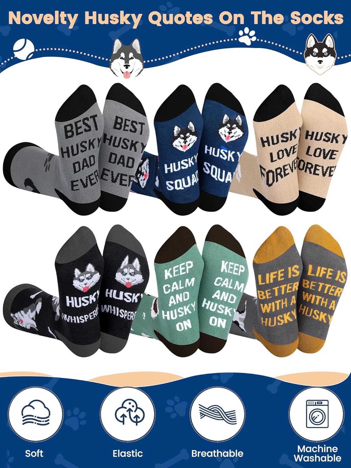 6 Pairs Funny Dog Socks for Men Novelty Corgi Pug Husky Crew Socks Birthday Valentine Gift for Dad Puppy Dog Lover - Image 3