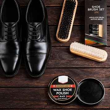 2 Shoe Brush Set & Black Polish - Traditional Wooden Handle Brushes For Cleaning, Polishing Leather Shoes & Boots, Buffing, Soft & Stiff Bristles (Shoe Brushes & Polish)