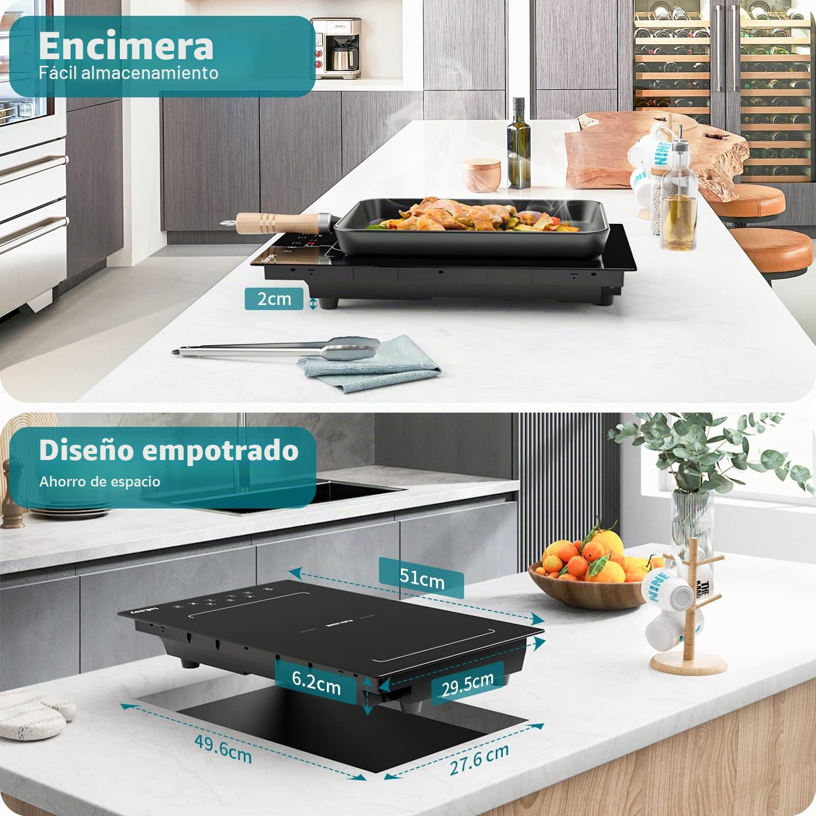 IsEasy - Placa de inducción con 2 luces empotrables, mesa de cocción eléctrica de 3400 W, 2 Boosters, temporizador, zonas flexibles, parada de coche, cerradura infantil, color negro