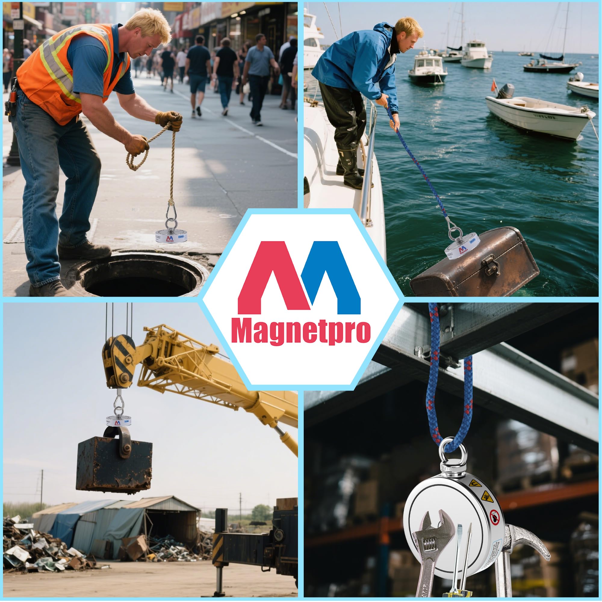 Magnetpro Set completo di magneti di recupero da 900 kg, magnete da pesca double face, contiene un forte magnete al neodimio, corda resistente da 20 metri, moschettone, guanti, gancio e una borsa per