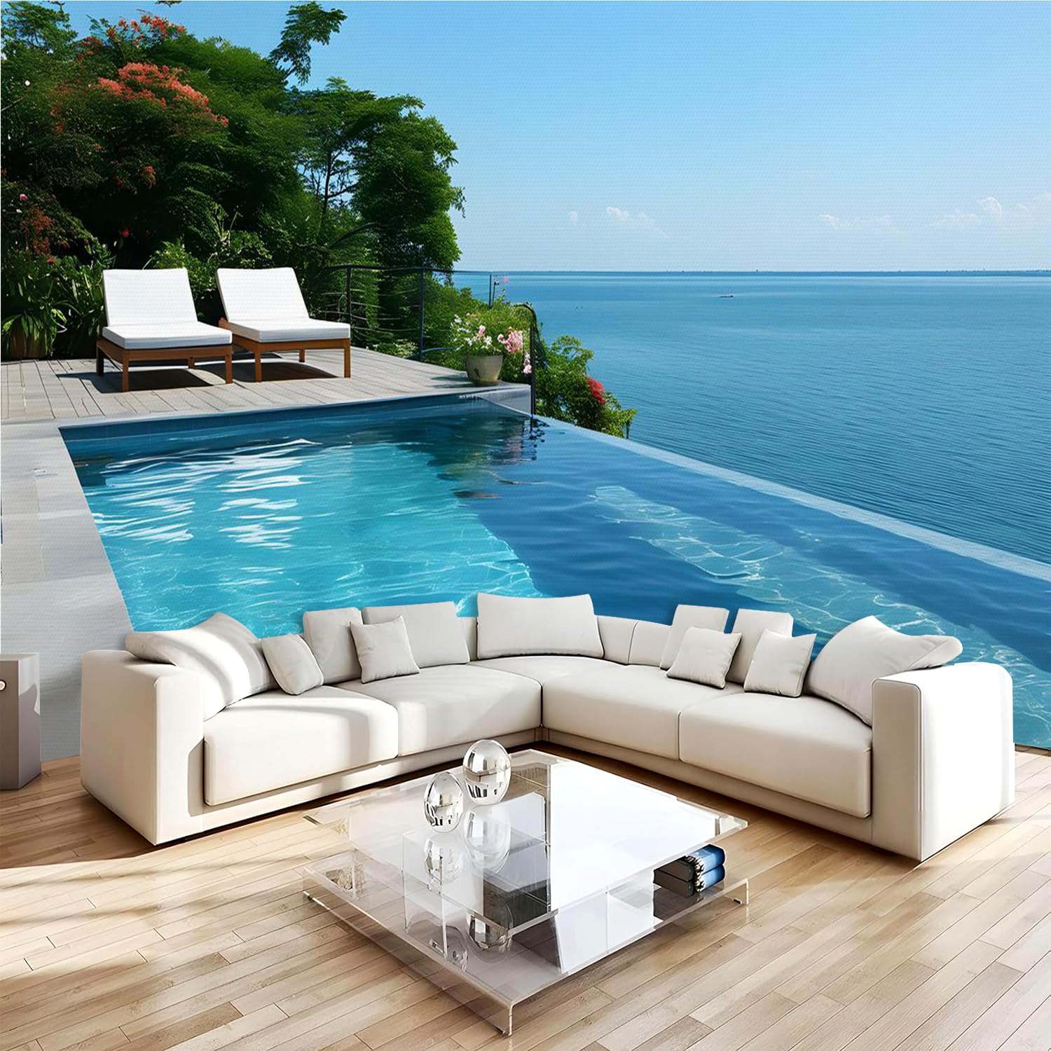 Générique Papier Peint Panoramique 3D 400x280 cm Océan Piscine Non-tissé Murale Maison Décoration Intérieure Nature Paysage pour Chambre Salon Mur TV Artistique Poster Décoration Murale 2N1373