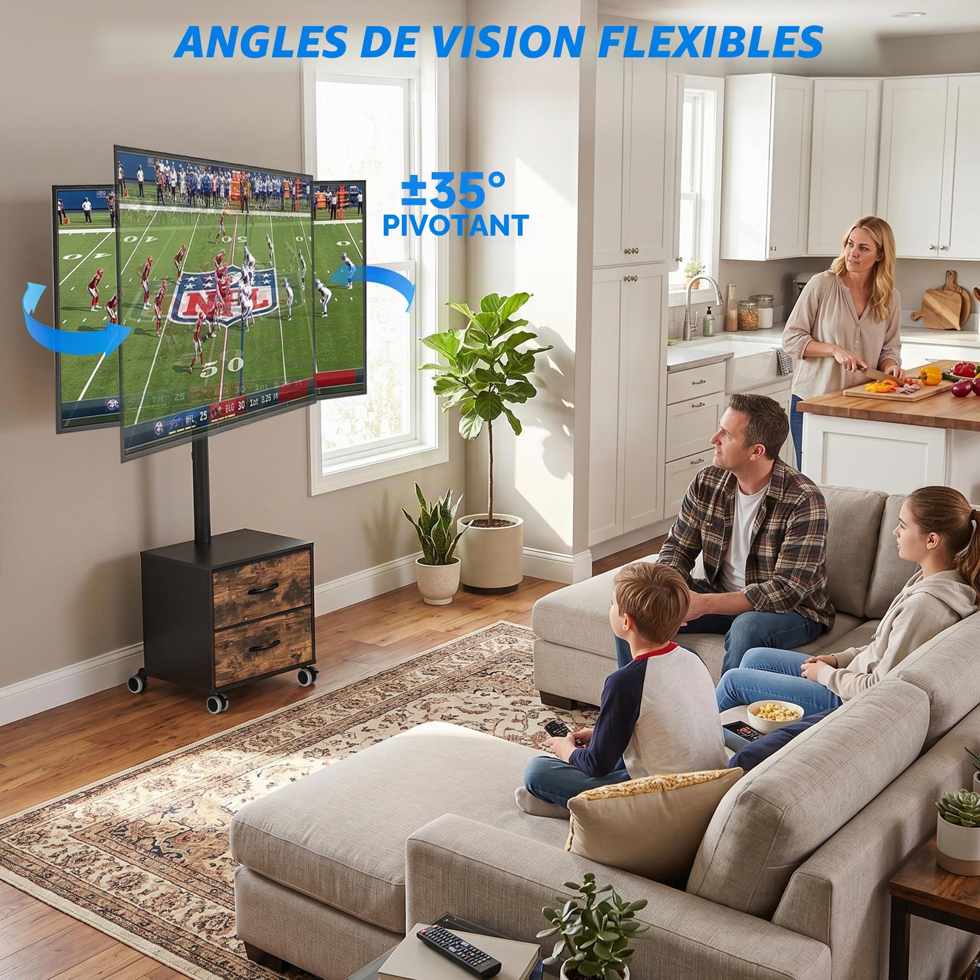 5Rcom Meuble TV à roulettes pour téléviseurs LED LCD OLED Plasma de 32 à 60" - Hauteur réglable avec Support jusqu'à 40 kg - Support TV Mobile avec tiroirs VESA Max 400 x 400 mm (Noir)