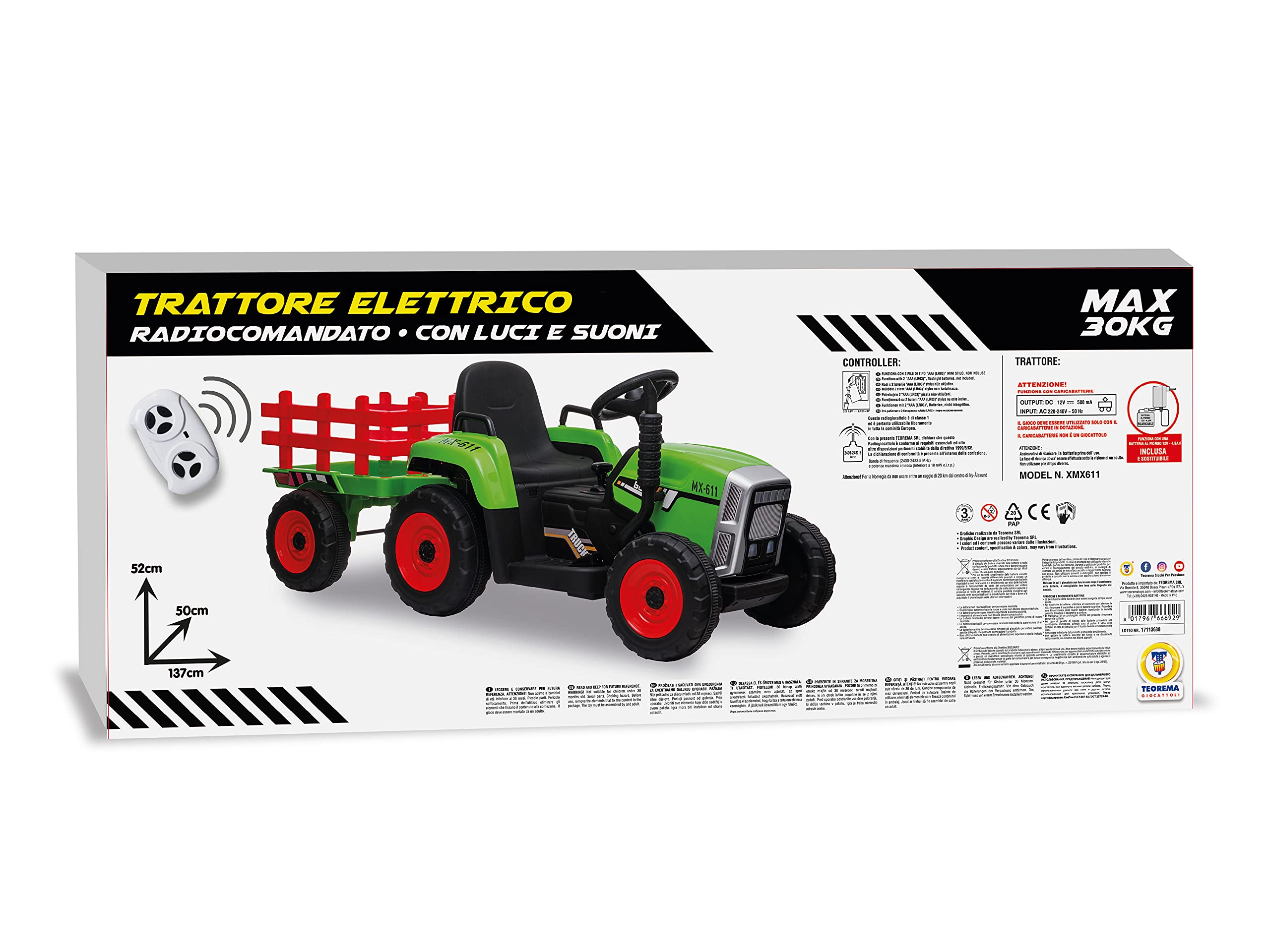Teorema Giocattoli Teorema 66692 elektryczny traktor, 12 V, do siedzenia, dla dzieci, ze światłem, dźwiękiem, przyczepą, odtwarzaczem MP3, wejściem AUX, USB i pilotem zdalnego sterowania