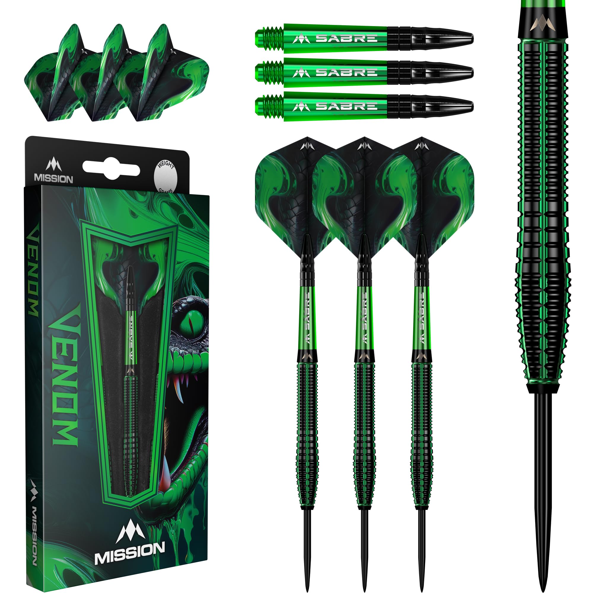 Mission Darts | Venom Darts | Black & Green | Electro Plate | Steel Tip Darts Set | 90% Tungsten | Available in Multiple Weights. (23, Grams)