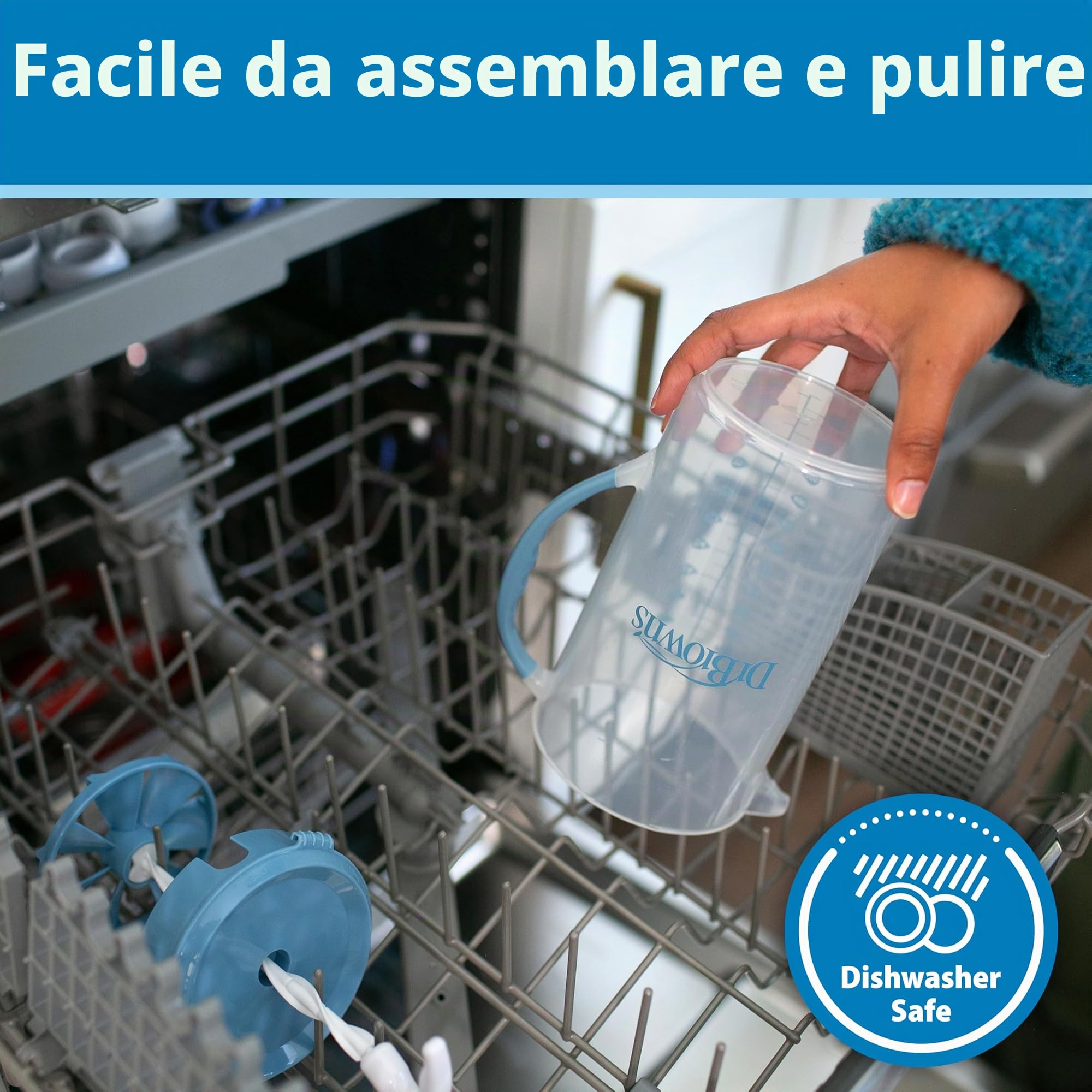 Dr. Brown's Brocca per miscelazione con tappo regolabile, coperchio di bloccaggio e beccuccio senza gocciolamento, 32 once, senza BPA, blu