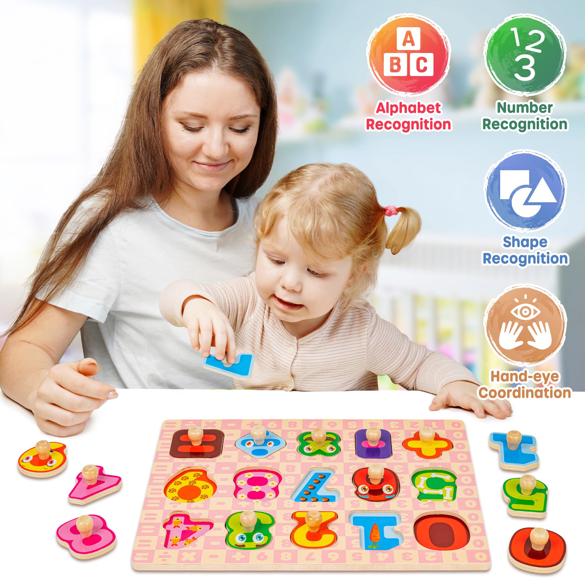 SYNARRY - Holzpuzzle für Kleinkinder 1-3 Jahre alt, 6 Pack 1-3 mit Regal, Alphabet, Zahlenform, Einhorn, Prinzessin, Meerjungfrau, Tiere, Weihnachtsspielzeug