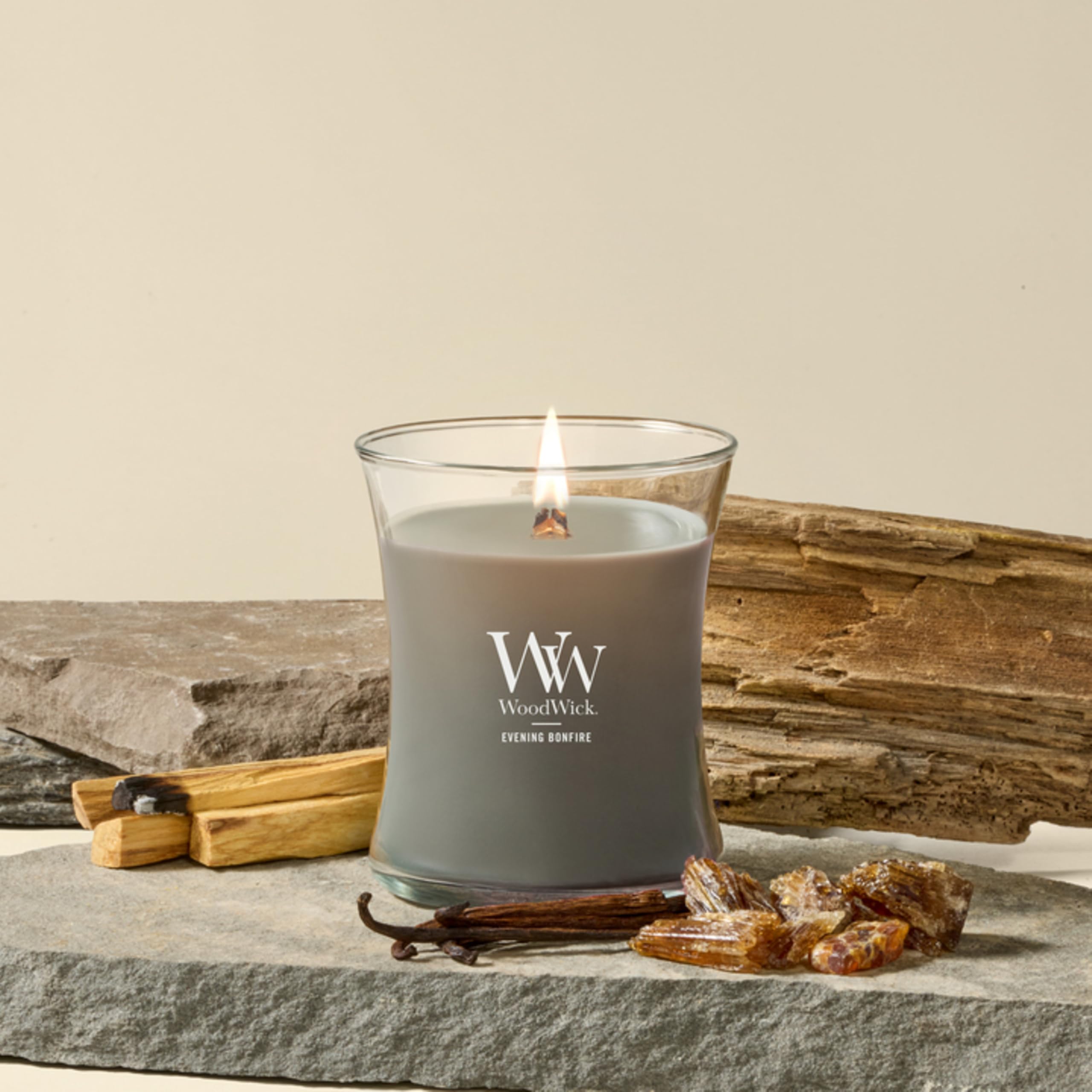 WoodWick Abend am Lagerfeuer Sanduhrformige Duftkerze im Glas, 275 g, Grau/durchsichtig, 9.7 x 10.3 x 11.9 cm