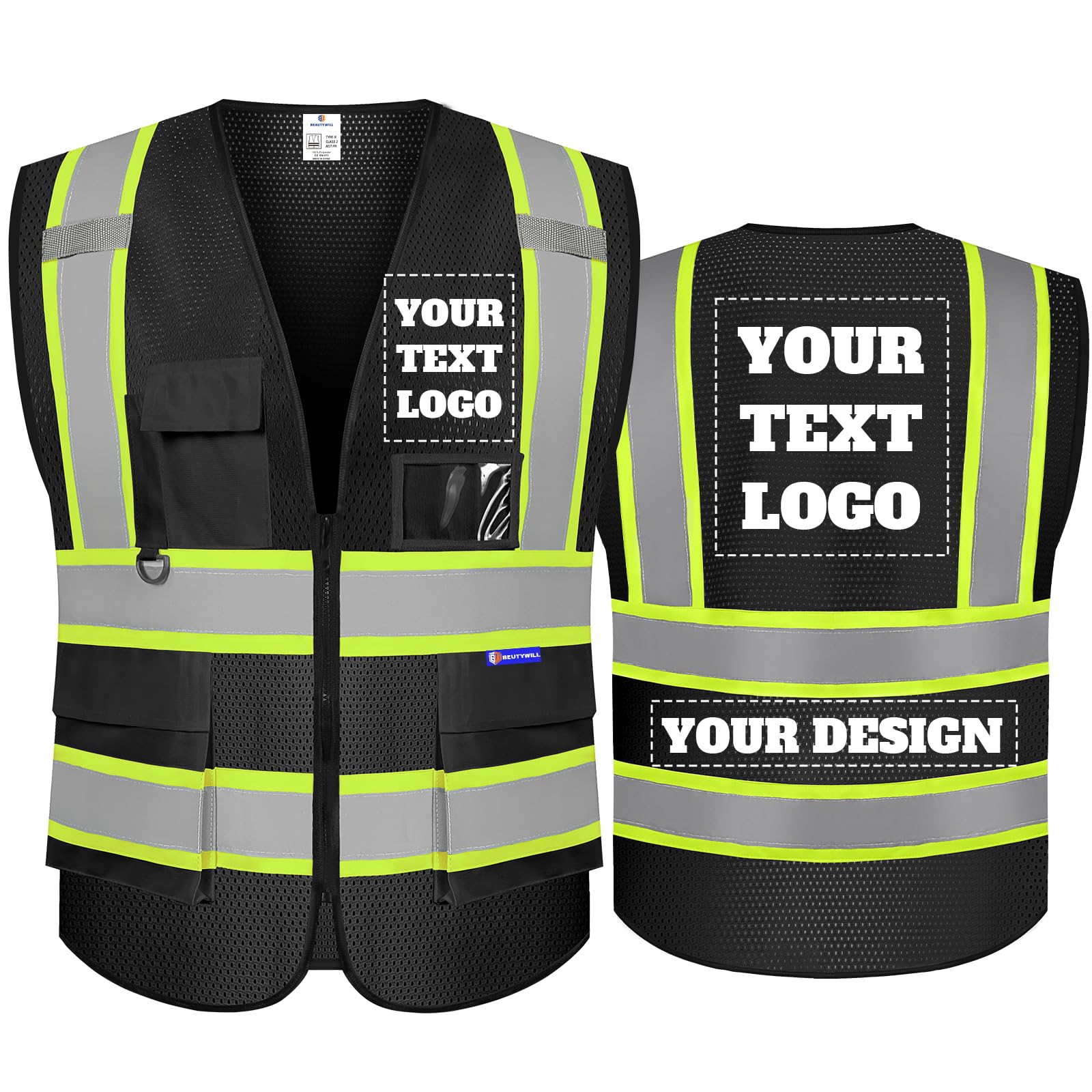 BeautyWill Custom Safety Vest logo Visibility Reflective Vest Class 2 Hi Vis Security Construction Work Vest