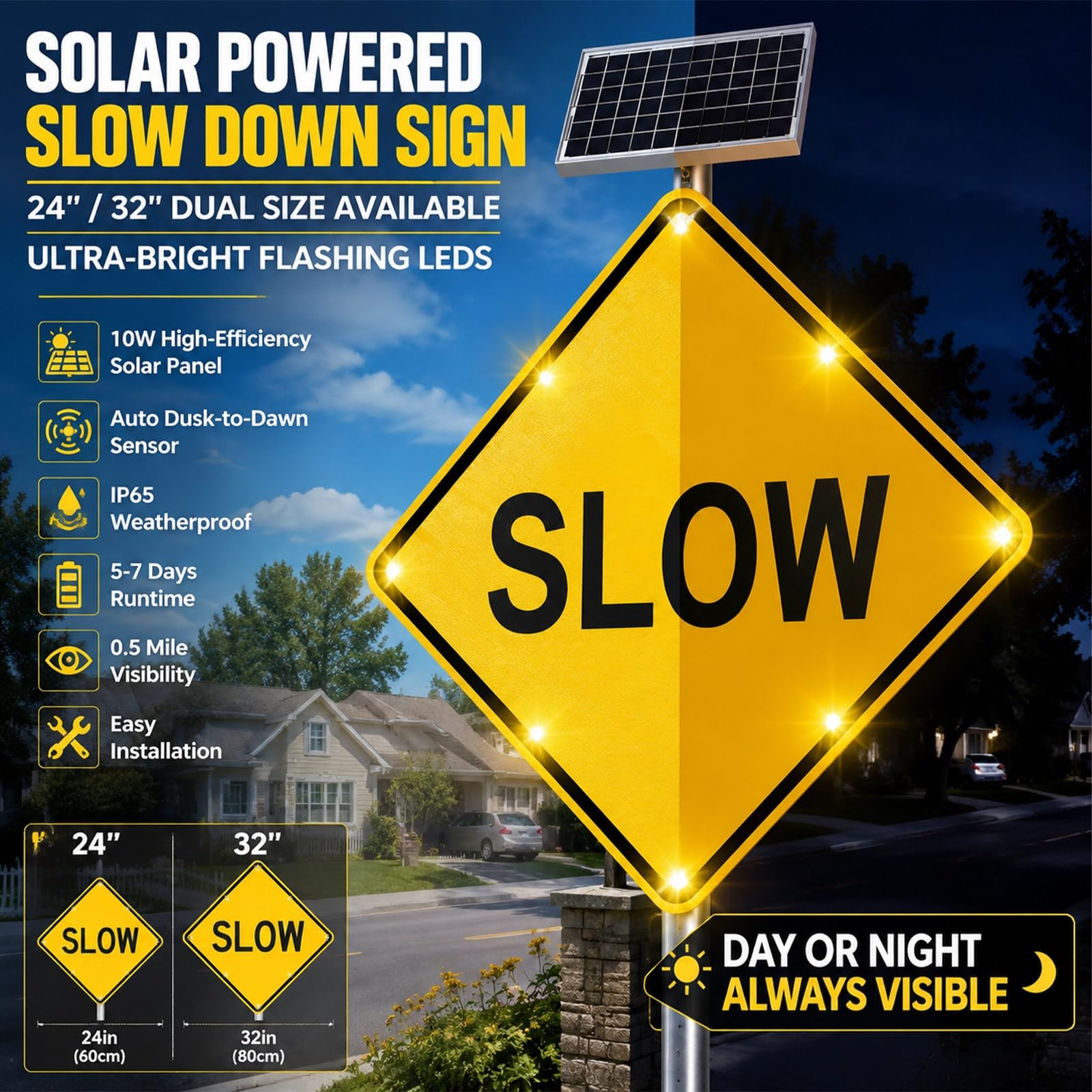24" & 32" Cartel Letrero Ralentizar Solar LED, 18V 10W Panel Señal Vial IP65 Impermeable, Sensor Crepuscular Autorreflectante para Administrador de Fincas