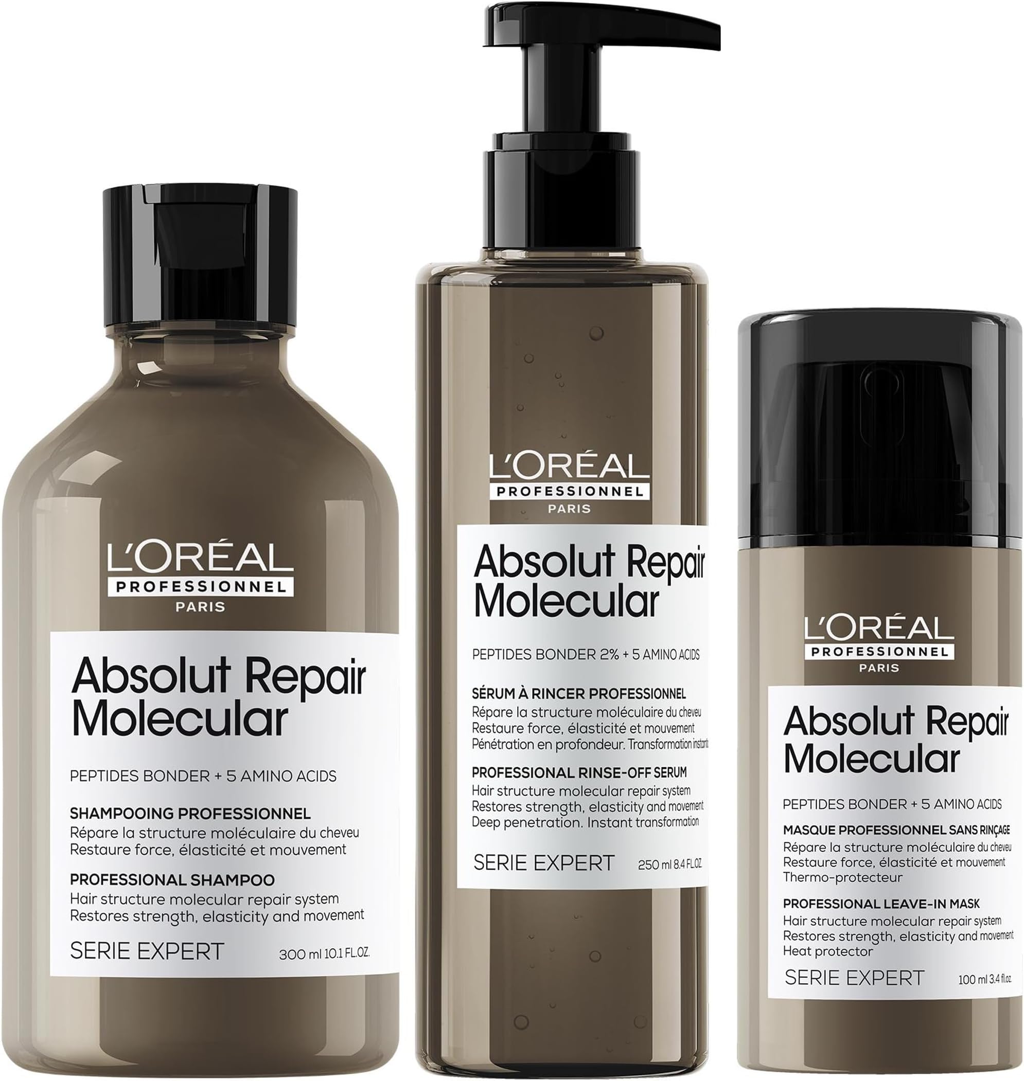 L’Oréal Professionnel Absolut Repair Molecular Shampoo, Rinse-Off Serum, and Leave-In Hair Mask For Extremely Damaged Hair Molecular Bond Repair 300ml, 250ml, 100ml