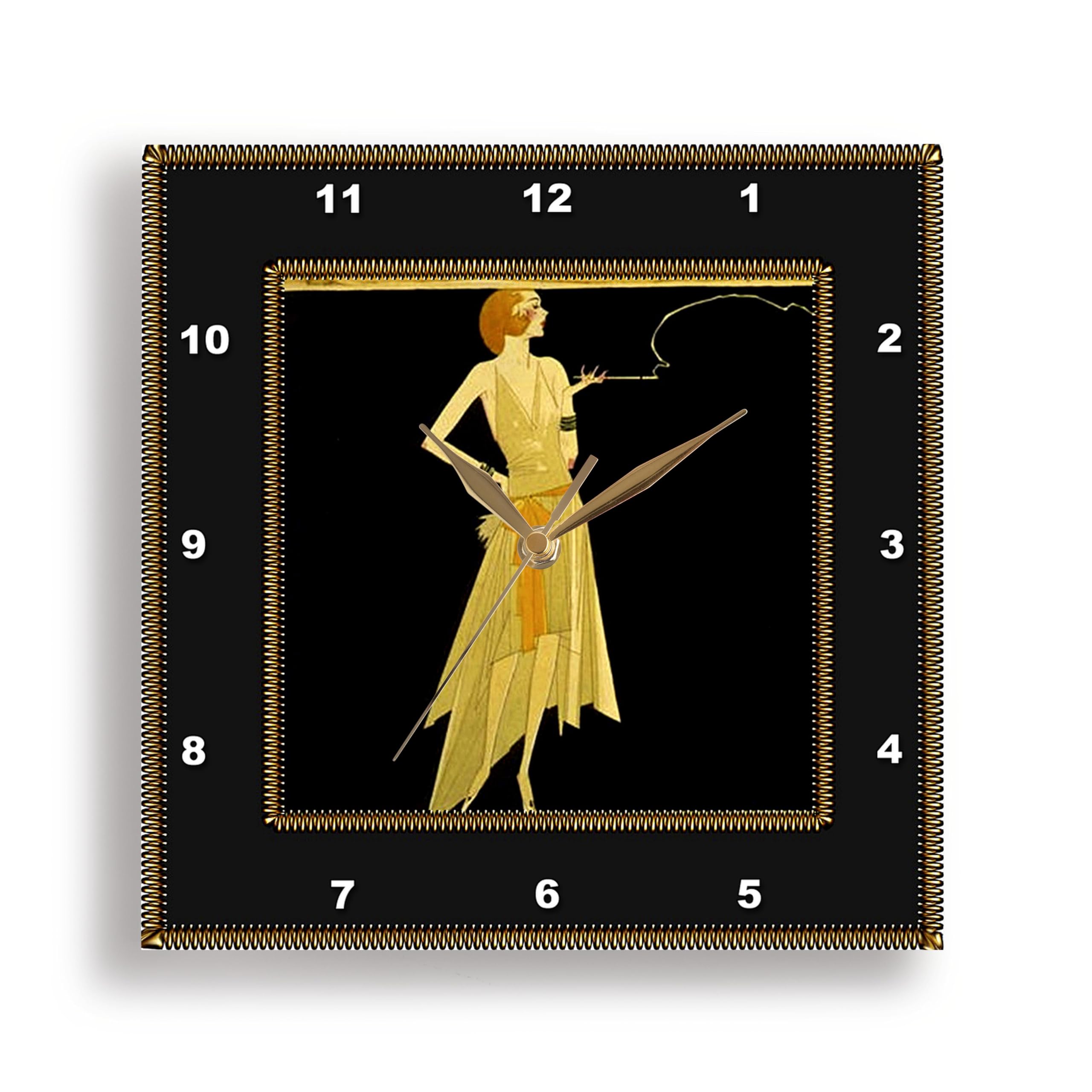 3dRose DPP_39590_2 Art Deco Lady with Gold Frame Wall Clock, 13 by 13-Inch, Black