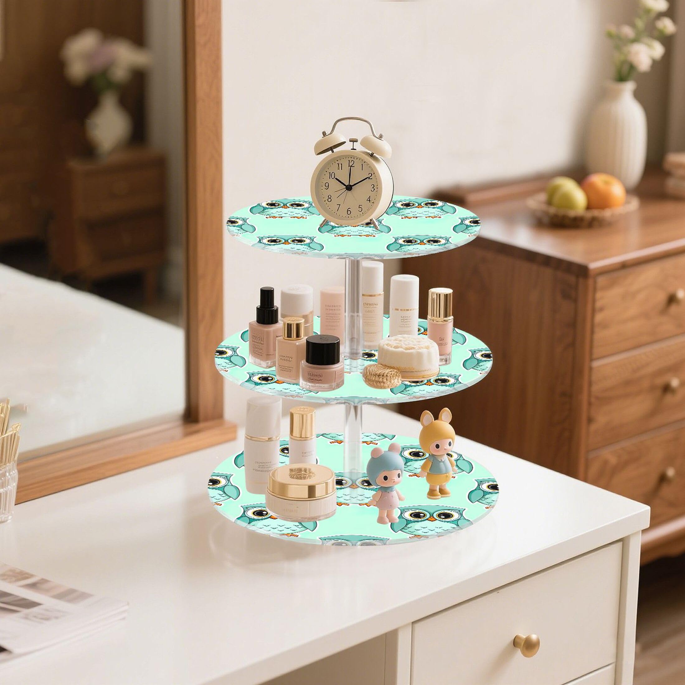Simpatico supporto per cupcake a 3 ripiani con gufetti in stile cartone animato, per tè, torte, torte, espositore in acrilico, vassoi da portata per feste, cibo, feste di compleanno