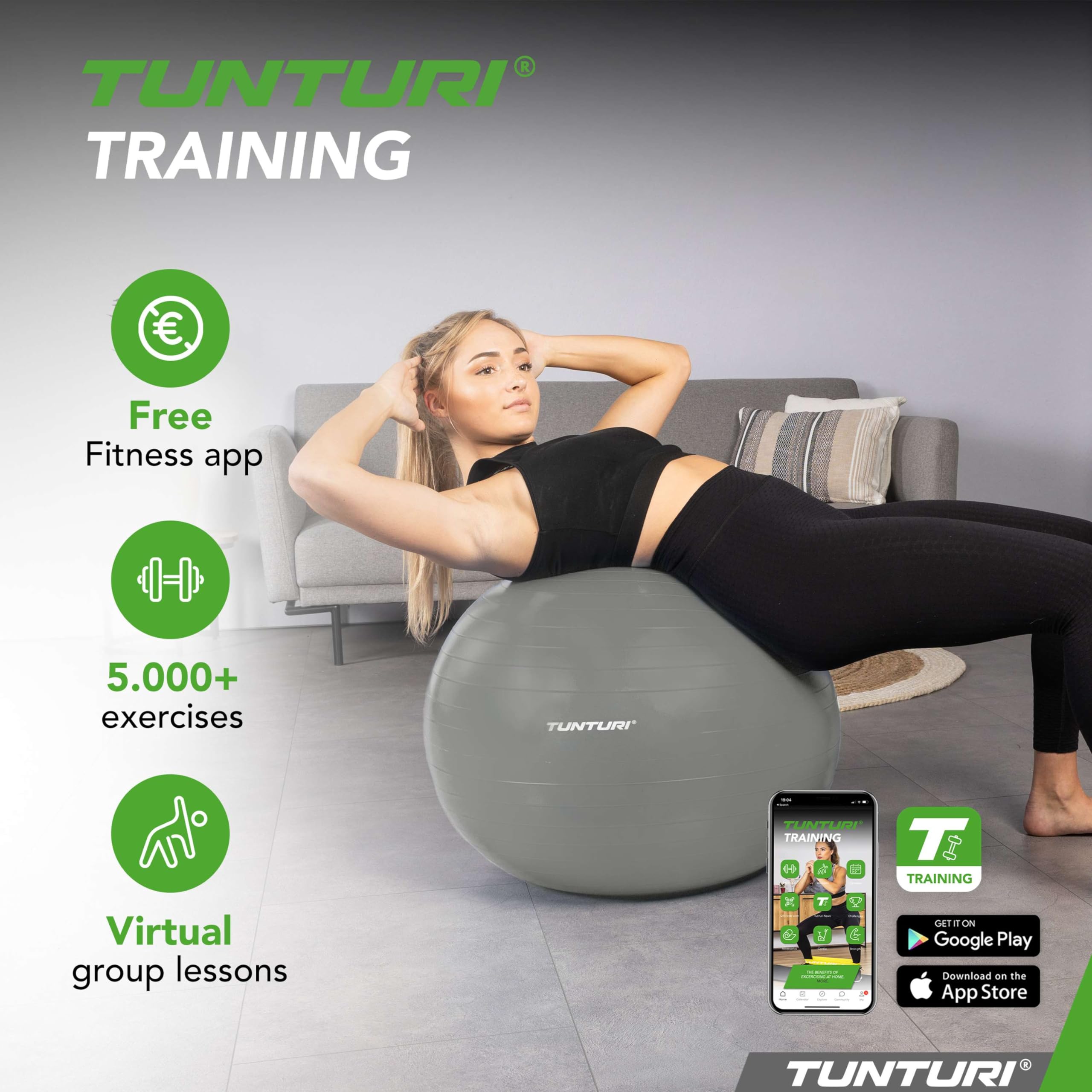 Tunturi Piłka gimnastyczna, 55 cm, 65 cm, 75 cm, 90 cm, piłka do fitnessu, do jogi, pilatesu, do domu, biura