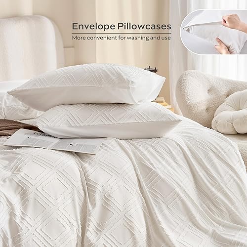 Miniatura 5 de JELLYMONI Juego de funda de edredón de 3 piezas, tamaño King, color blanco, juego de funda de edredón bohemia a cuadros, microfibra copetuda, tejido