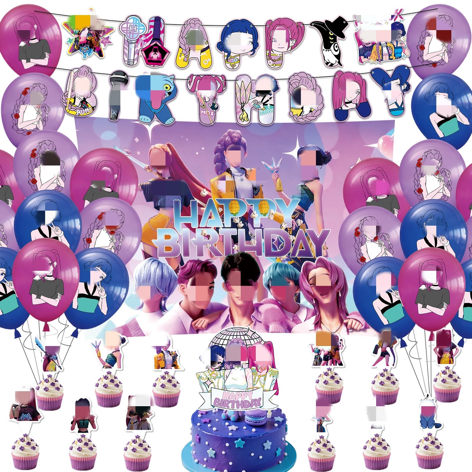 Balloon Kpop Birthday Decorations for Girls- Anime Kids Party Decorations with Happy Birthday Banner Latex Ballons Birthday Photography Backdrop Cake Toppers for Theme Party Supplies Decorations