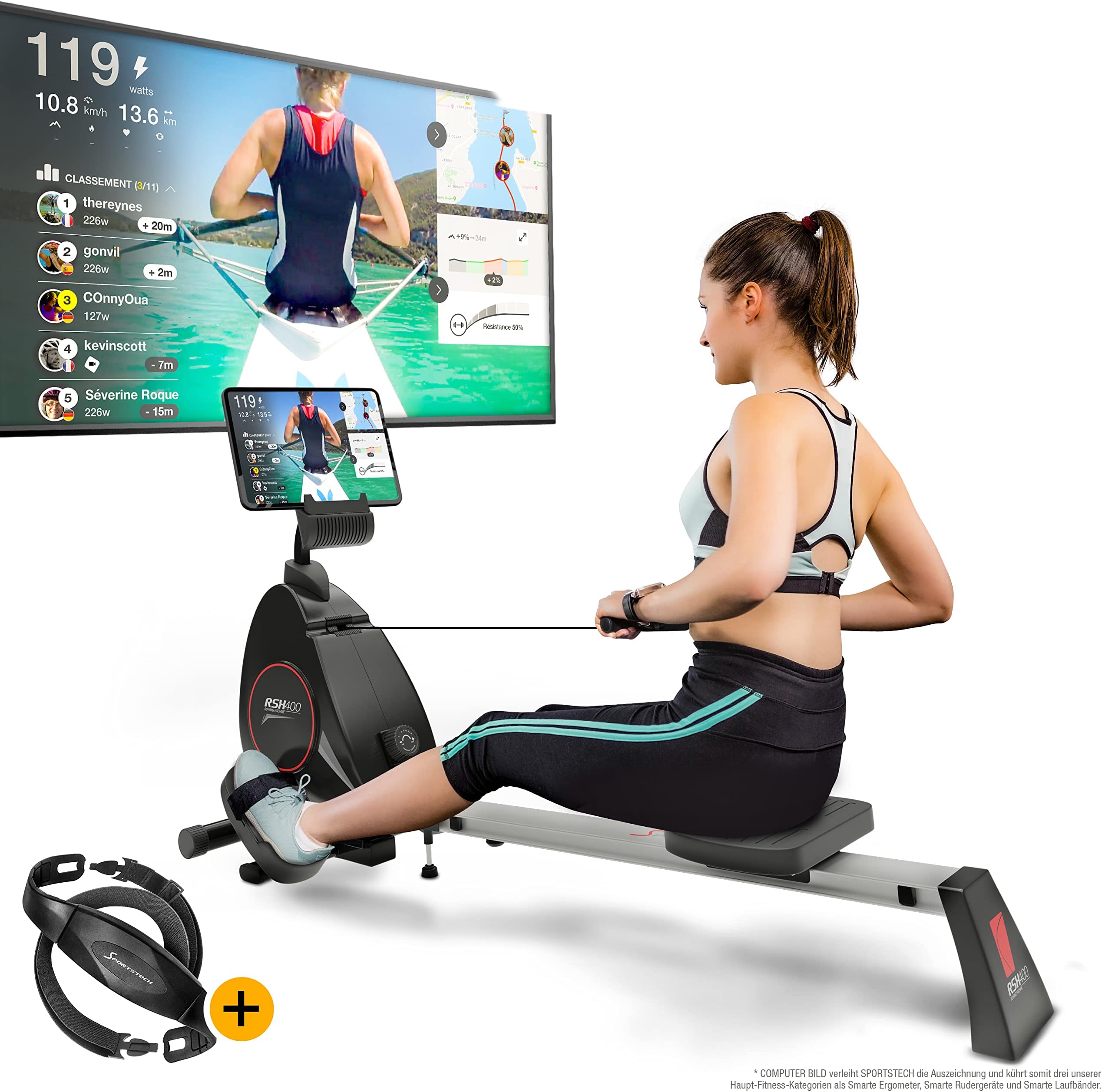 Sportstech RSX400 Rowing Machine - German Quality Brand -Video Events & Multiplayer App, Heart Rate Belt incl. rowing machine for your home, foldable with 8x magnetoresistance and ball bearing seat