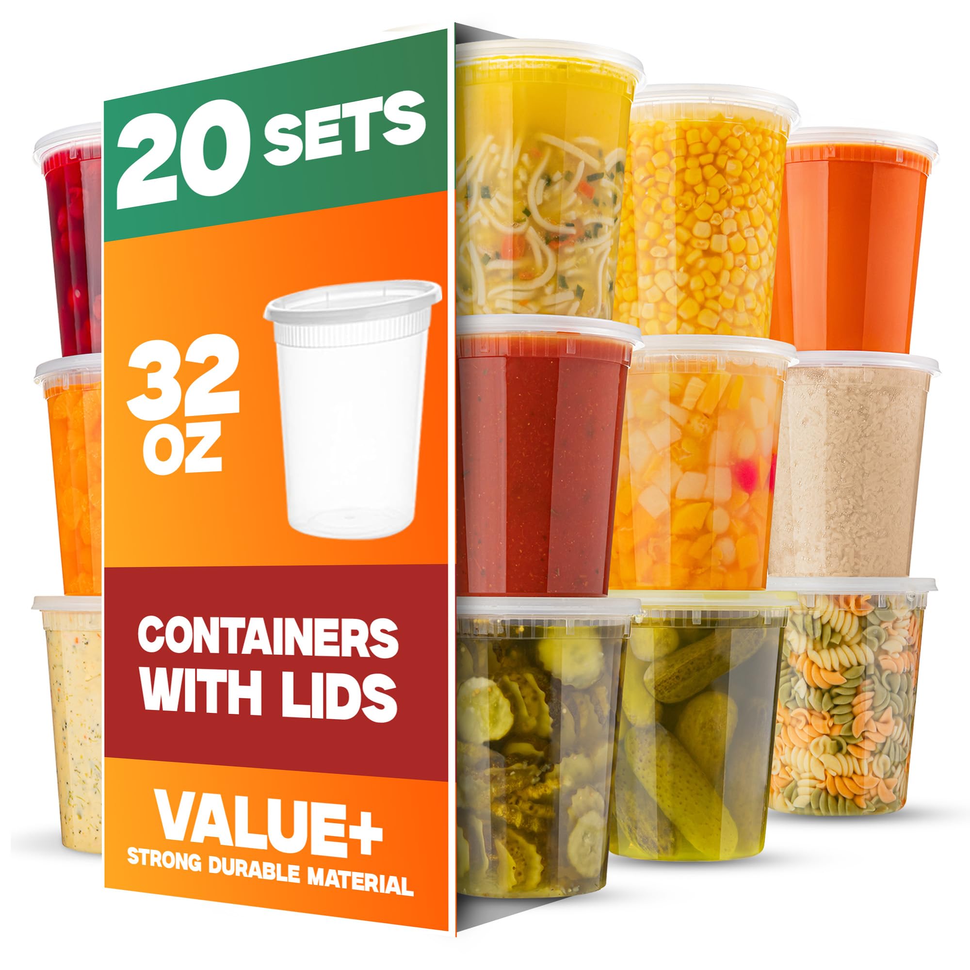Contenedores de delicatessen con tapas, paquete de 20 unidades, (32 onzas), recipientes de almacenamiento de sopa y alimentos para llevar para llevar, recipientes de almacenamiento y