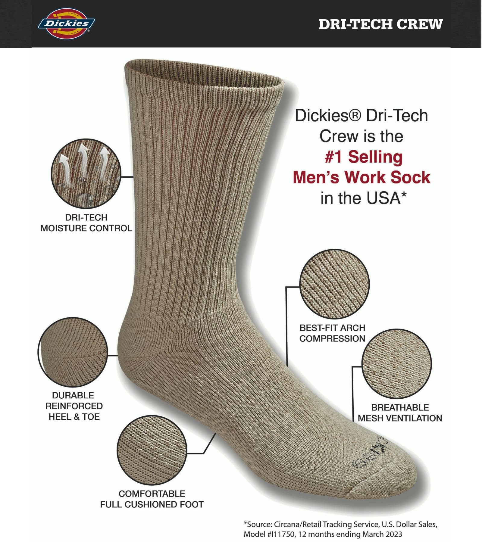 Dickies Men's Dri-tech Moisture Control Crew Socks Multipack, Essential Worker Khaki (12 Pairs), Shoe Size: 12-15