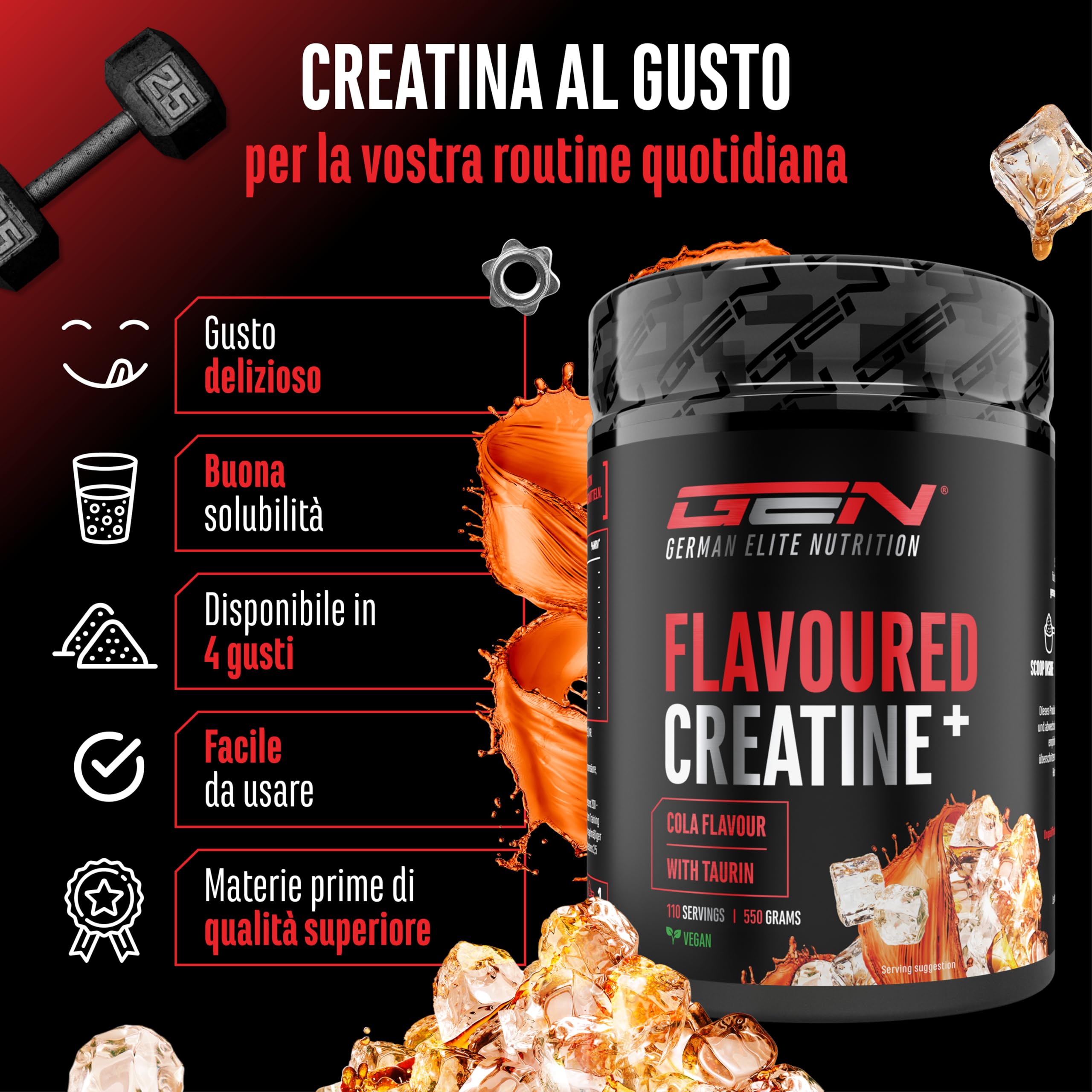 Flavoured Creatine polvere - 550 g - creatina monoidrato + L-taurina - creatina micronizzata aromatizzata - senza zuccheri & ottima solubilità - vegano (Cola)