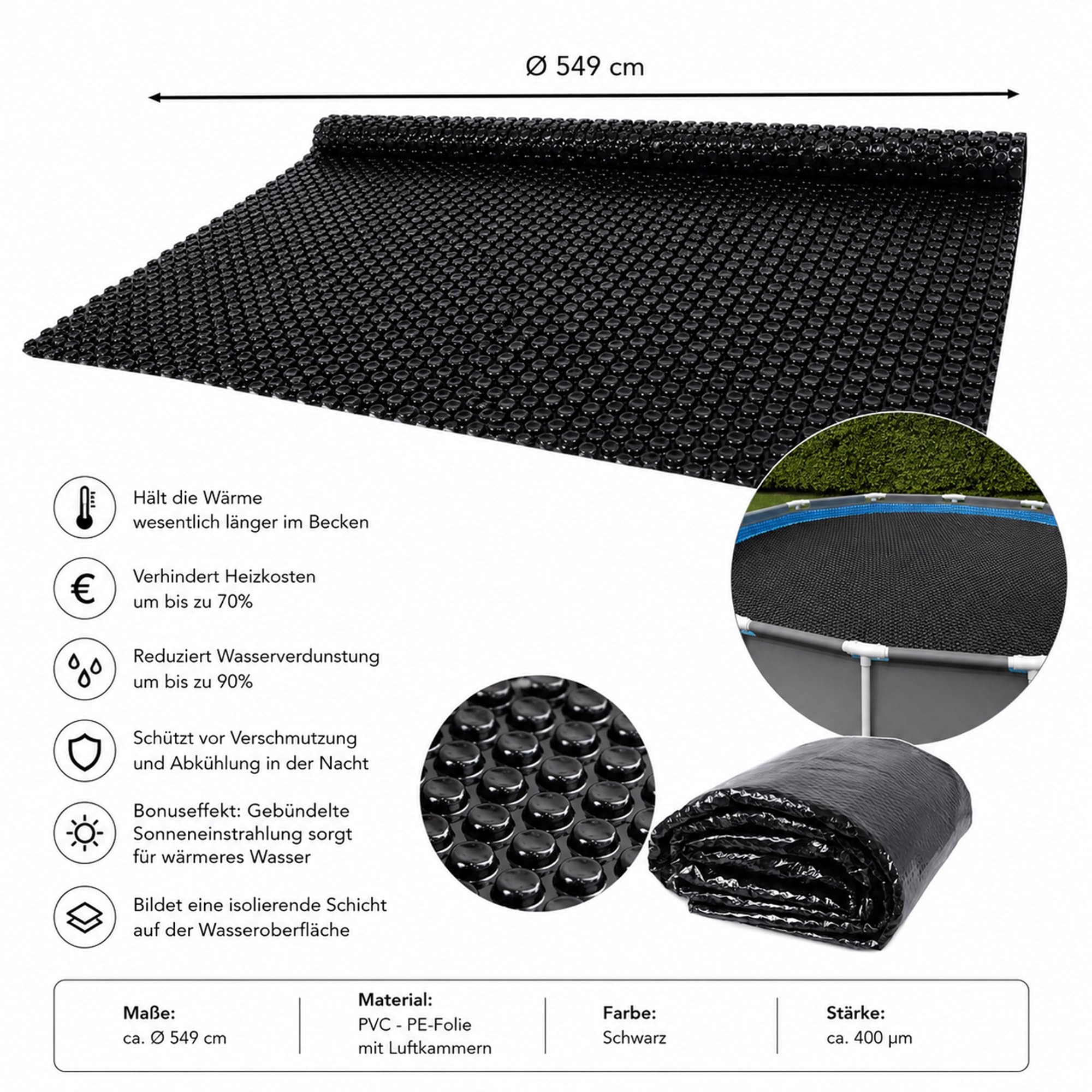 Mucola Pool Solarfolie Rund Ø 549 cm Schwarz – Poolabdeckung PVC mit Luftkammern und Ösen | spart bis zu 70% Heizkosten, reduziert Verdunstung, UV-beständig, zuschneidbar für großen Rundpool