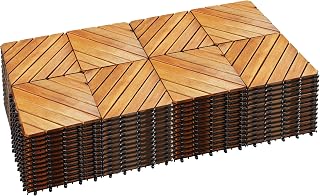 PrimeZone 108 PCS Solid Acacia Wood Interlocking Patio Deck Tiles - 12" x 12" Indoor Outdoor Waterproof Flooring Tiles for Balcony, Backyard & Poolside, All Weather Use, Natural Wood, Diagonal