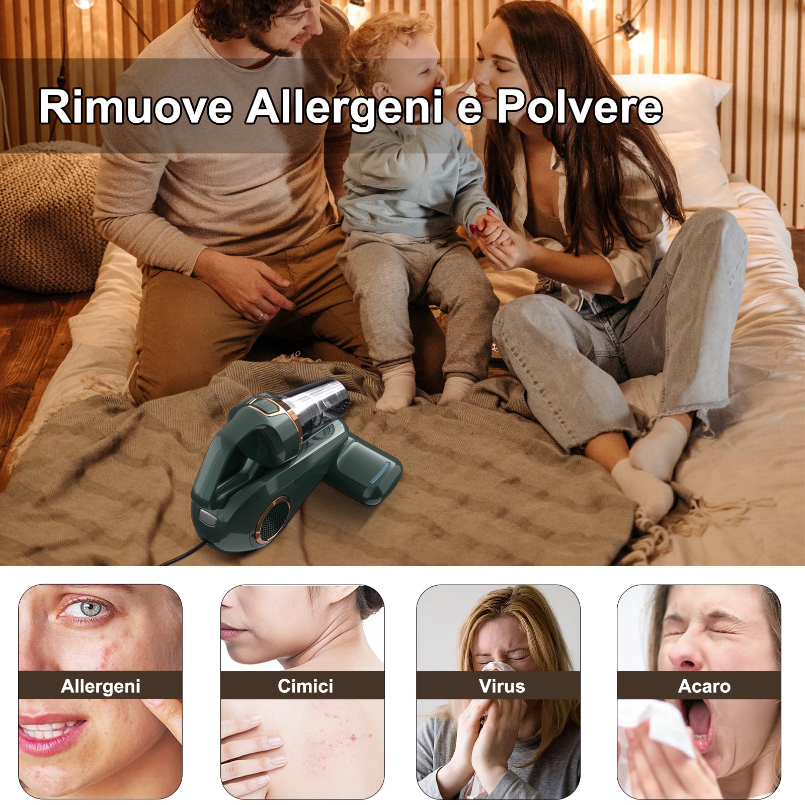 Dibea 15KPa Aspira acari per materassi, Aspirapolvere materassi, Aspiratore portatile battimaterasso, con sterilizzazione UV-C, Antibatterica, Rimuove Allergeni e Polvere, filtro HEPA(Verde)