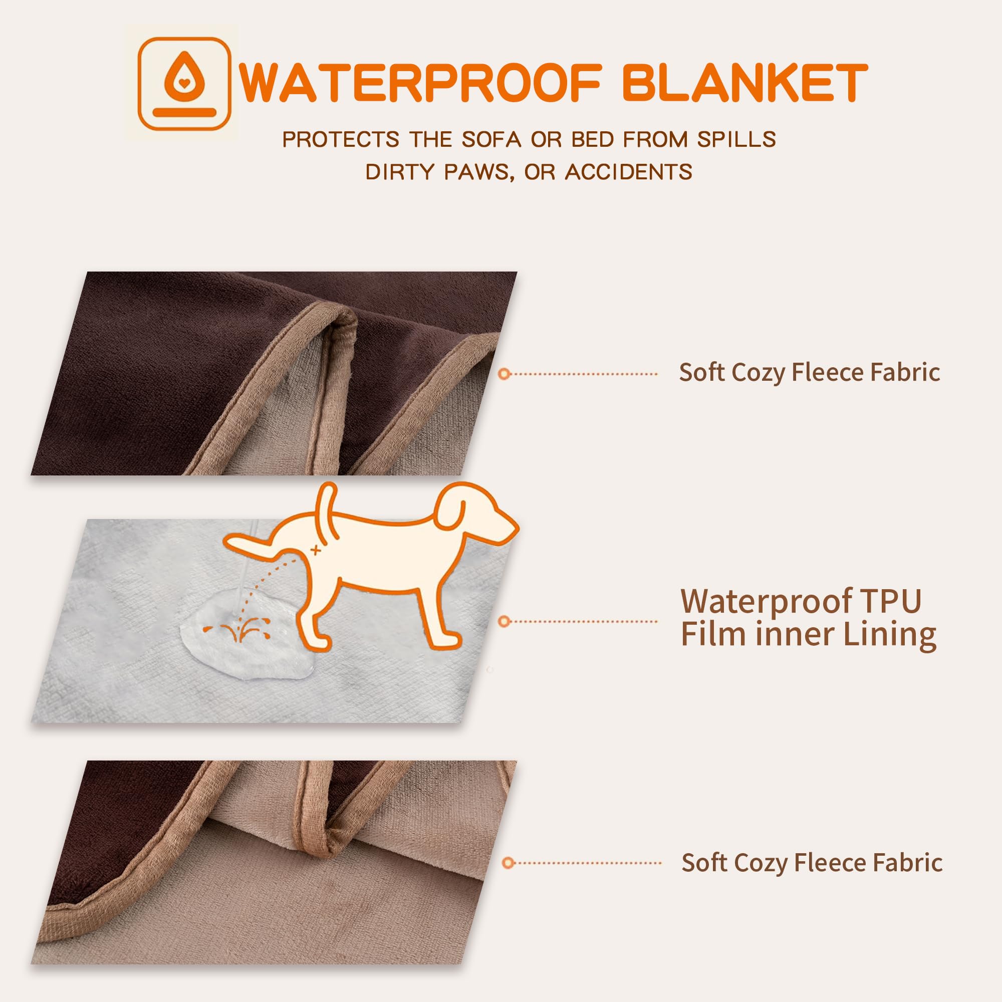 Manta impermeable para perros de 50 x 60 pulgadas, protector de cama suave y esponjoso, manta reversible de forro polar para perros grandes (marrón puro)
