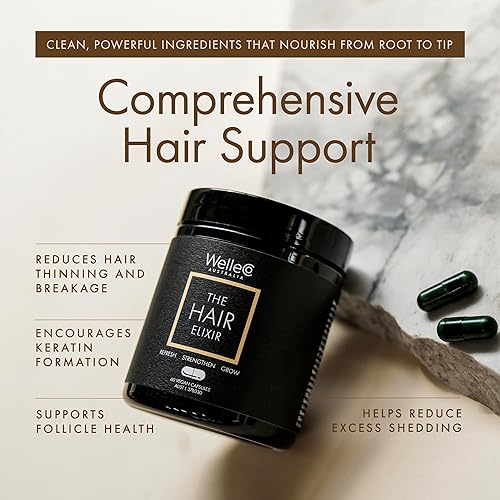 Miniatura 5 de WelleCo The Hair Elixir Suplemento vegano para el cuidado del cabello con biotina, hierro, zinc y rodiola, promueve el crecimiento y el grosor del