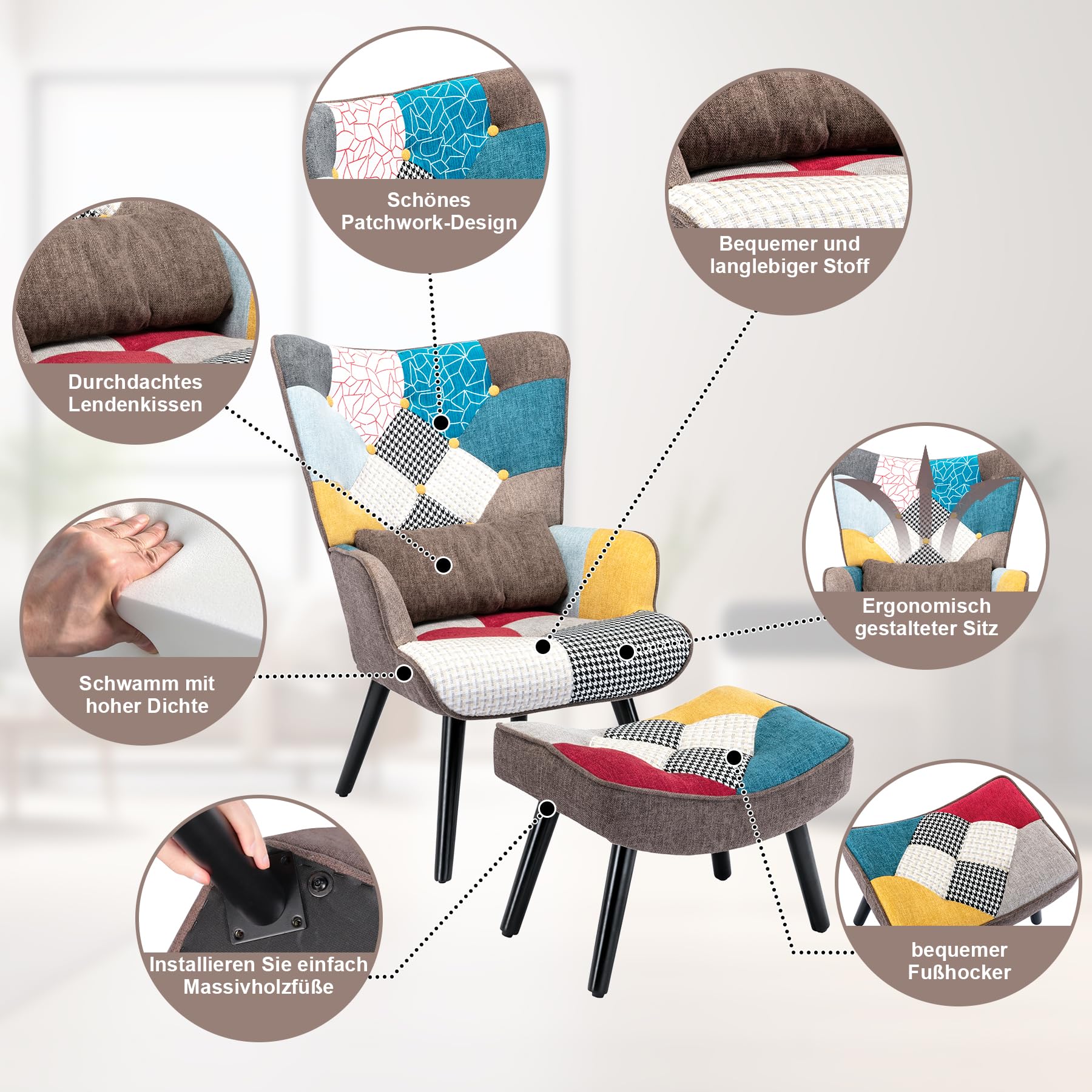 Relaxsessel mit Hocker Patchwork Sessel Holz Sessel Wohnzimmer moderner Ohrensessel mit Massivholzfüße Fernsehsessel Leinen Loungesessel Stuhl Braun