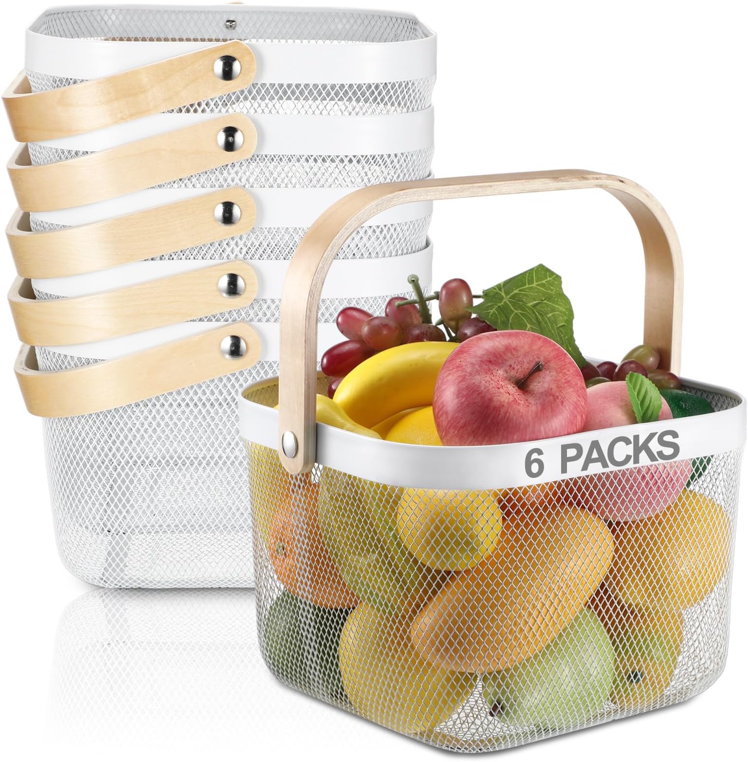 - Roshtia White Metal Wire Storage Basket with Wooden Handle 9.65 x 9.65 x 7.09 Inch, Decorative Gift Basket for Wedding, Nurse Appreciation Week, Bathroom Kitchen Organizer, Farmhouse Storage Bin