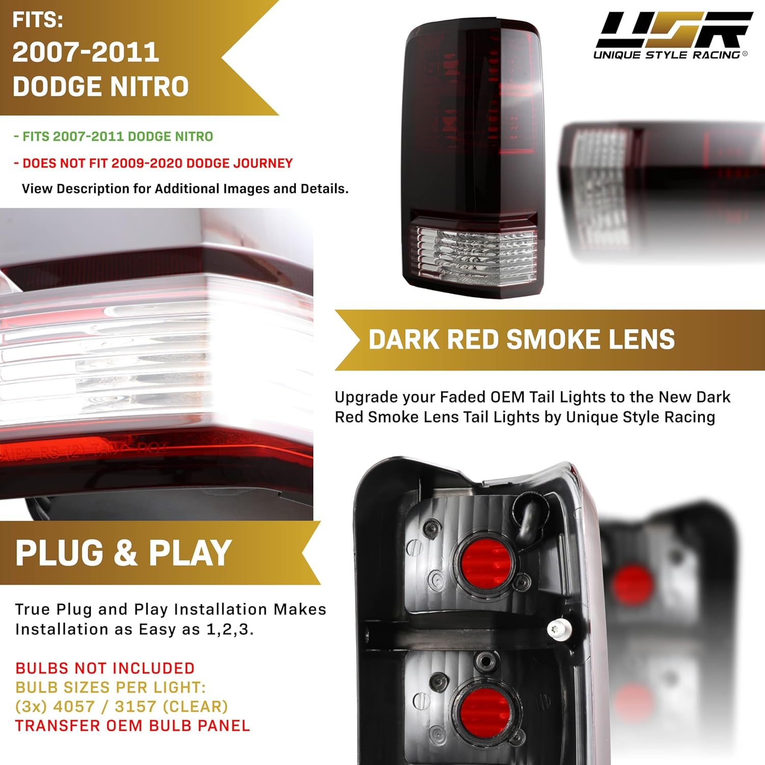 USR 07-11 Nitro Tail Light – Pair of Tail Lamps (Left + Right) - Compatible with 2007-2011 Dodge Nitro - All Models (DARK SMOKED RED TAIL LIGHTS/Plug & Play Ready)