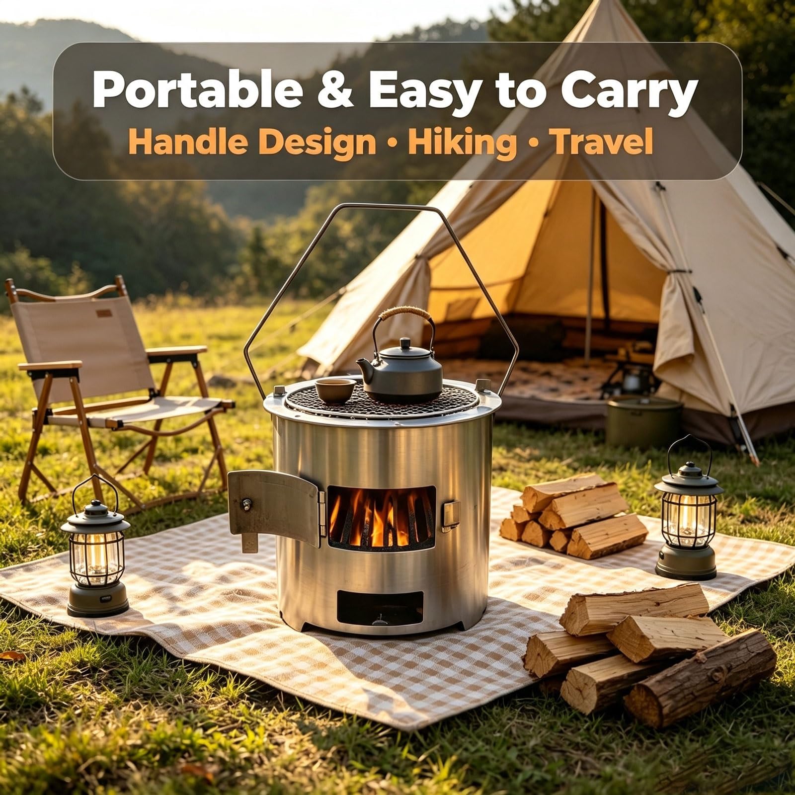 Chauffage De Tente Camping Portable Avec Grille De Cuisson Pour Le Camping | Réchaud De Tente Bois Avec Poignée Multifonctionnel, Réchaud À Fusée À Charbon De Bois Porte À Verrouillage(1PC)
