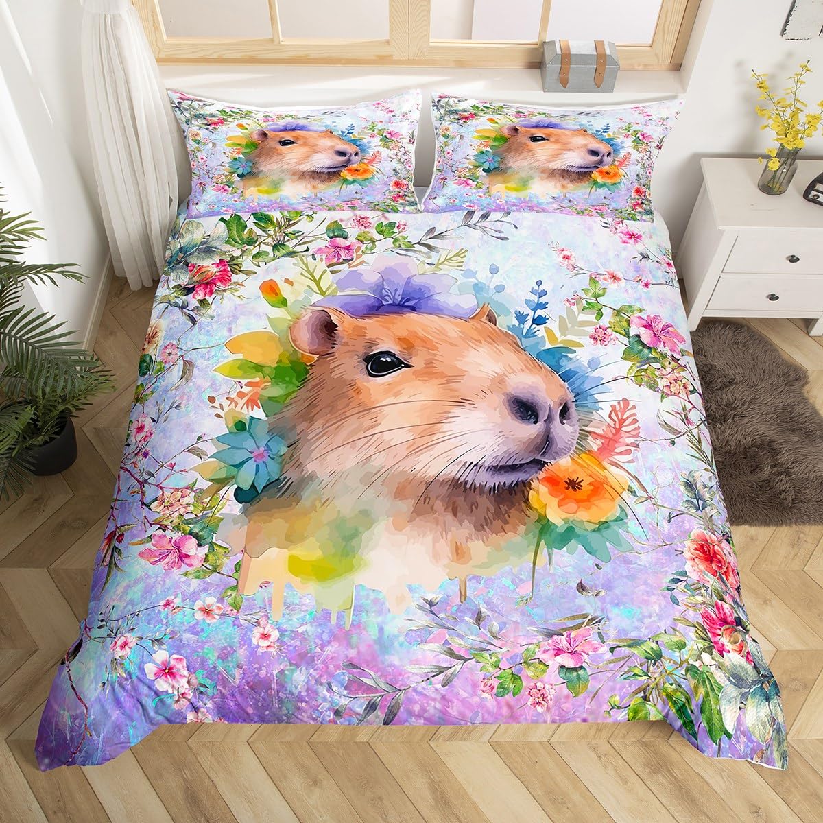 Homemissing Cute Capybara Comforter Cover Brown Capybara Duvet Cover Cartoon Capybara Bedding Set for Kids Floral Capybara Bedspread Cover Botanical Decor Bedclothes Double