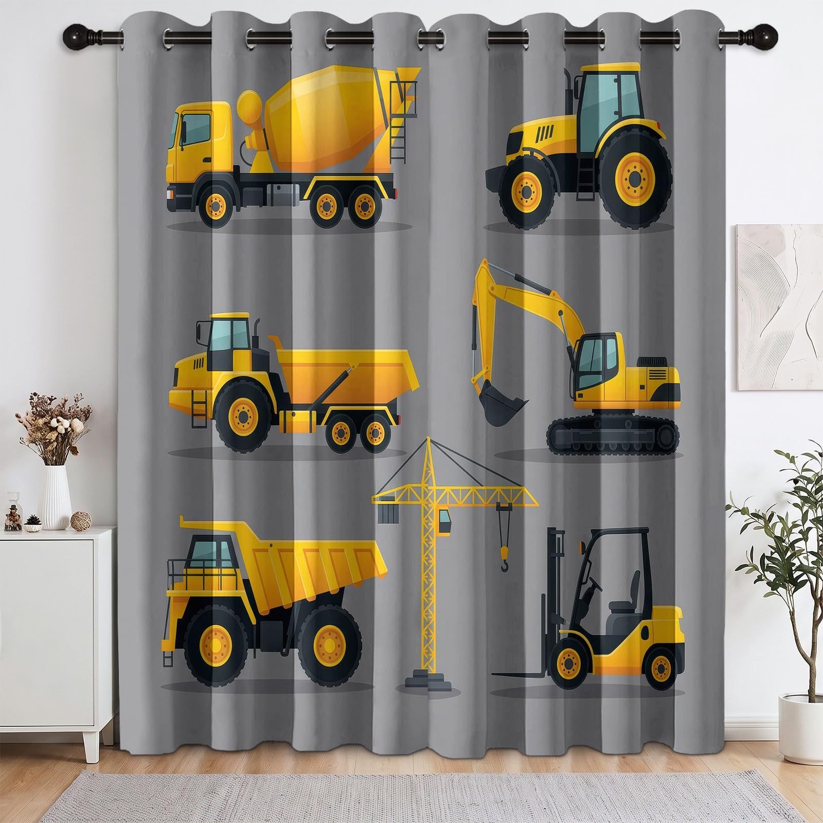 Zasłony samochodowe żółte czarne, 100% termiczne zaciemniające przelotki 2 panele 75 Lx166H cm, nieprzezroczysta zasłona do pokoju dziecięcego koparka, ochrona przed zimnem i ciepłem, do sypialni