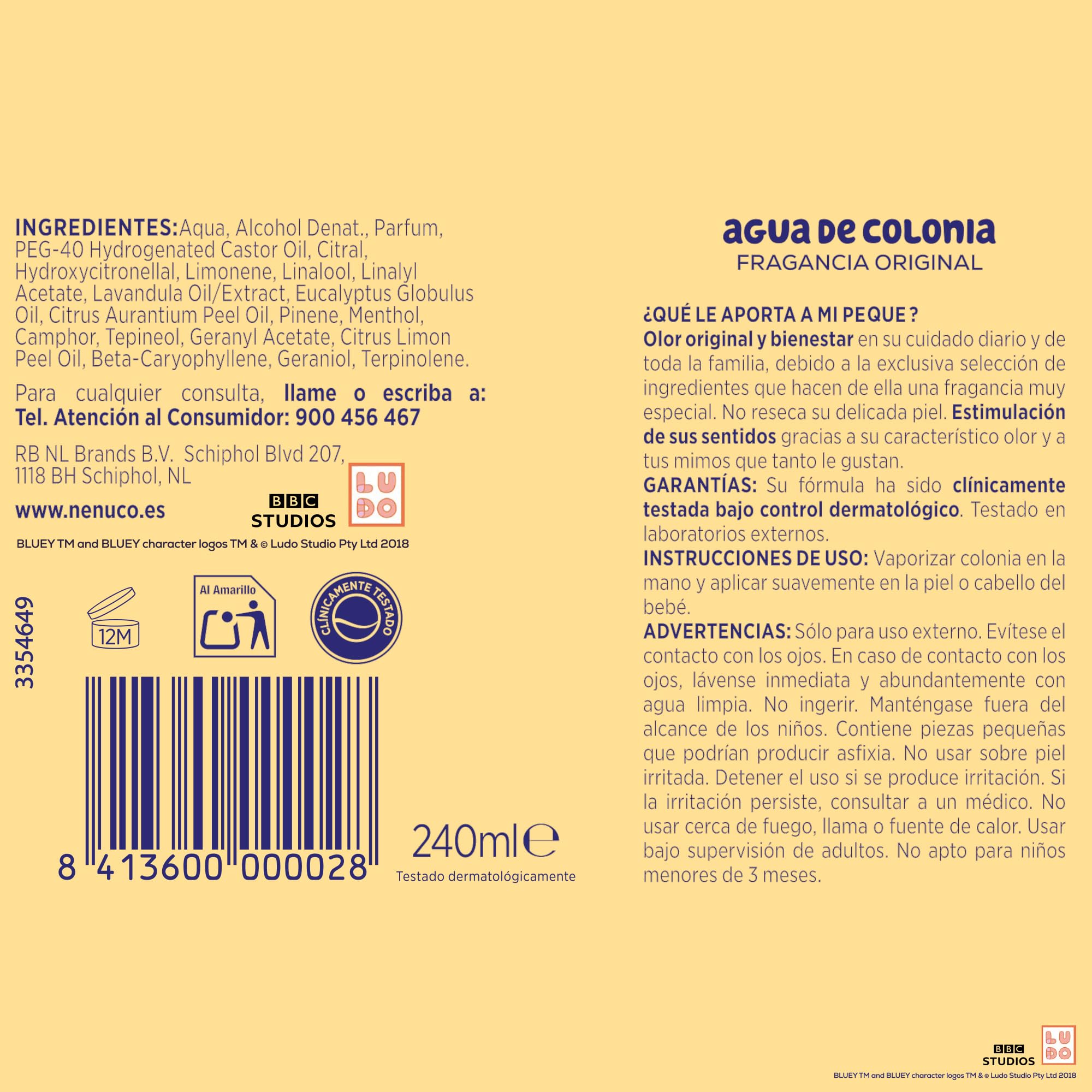 Nenuco Agua de Colonia Fragancia Original, Edición Limitada Bingo (Bluey), recomendada para Bebés (a partir de 3 meses), Formato Spray 240 ml