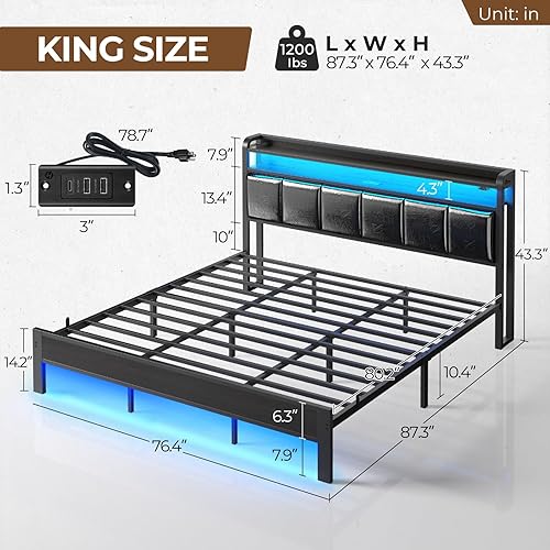 Miniatura 2 de Rolanstar Base de cama tamaño King con estación de carga y luces LED, cabecera de piel sintética con estantes de almacenamiento, listones de metal