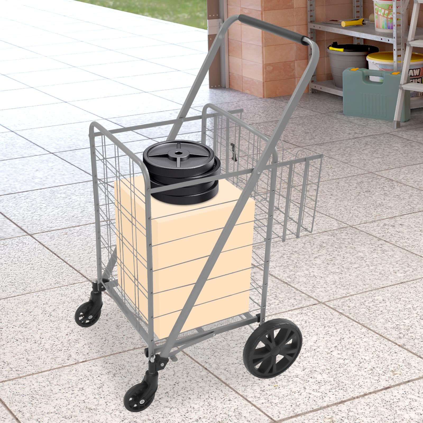 Carrello per la spesa, pieghevole, doppio cestino per la spesa, in ferro, portatile, con ruote fino a 50 kg, per biancheria, shopping, bagagli
