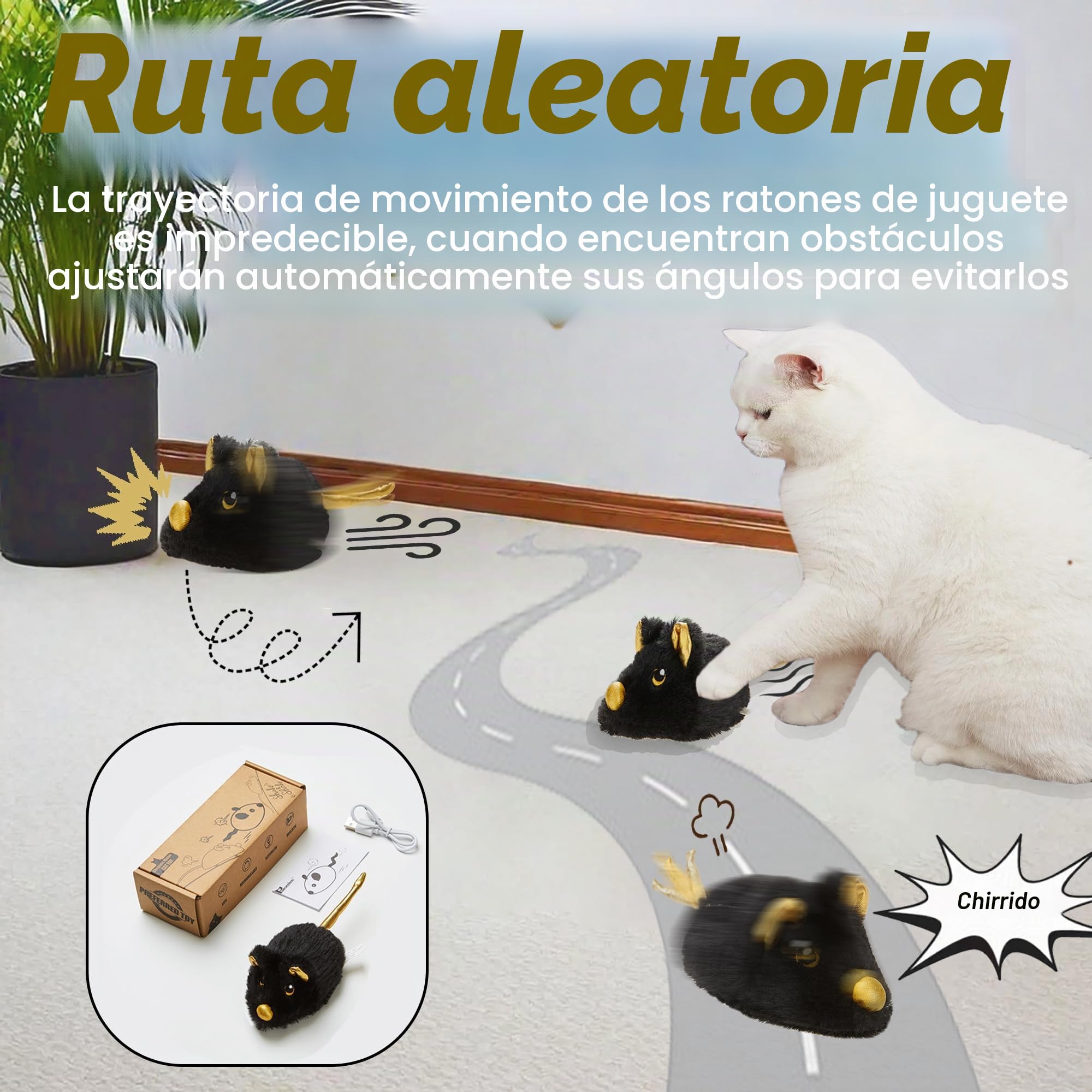 Vealind Juguete Eléctrico para Gatos, Ratón de Juego con Movimiento, Recargable por USB, Interactivo (Negro)